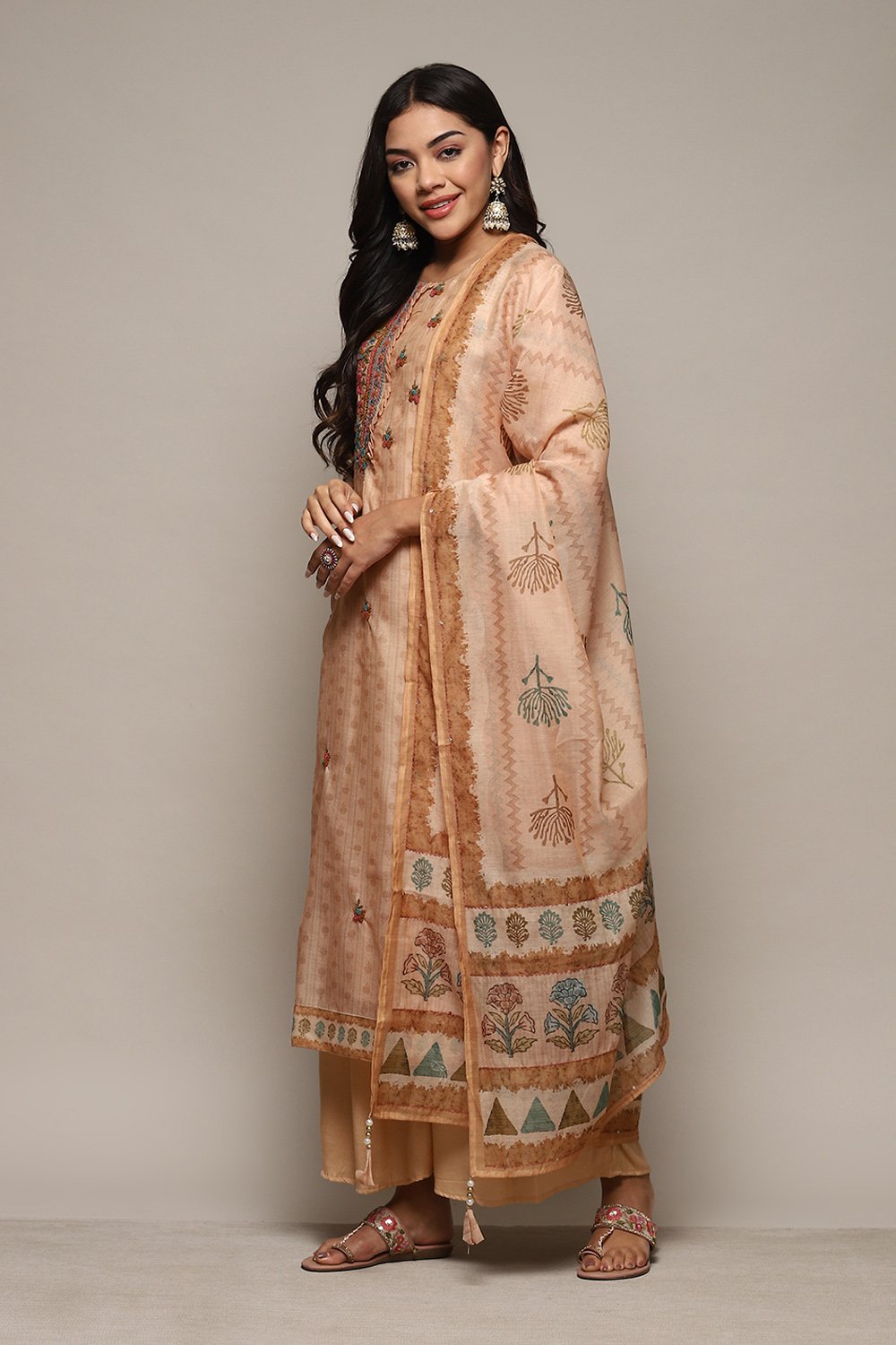 Light Brown Chanderi Handloom Unstitched Suit Set image number 6