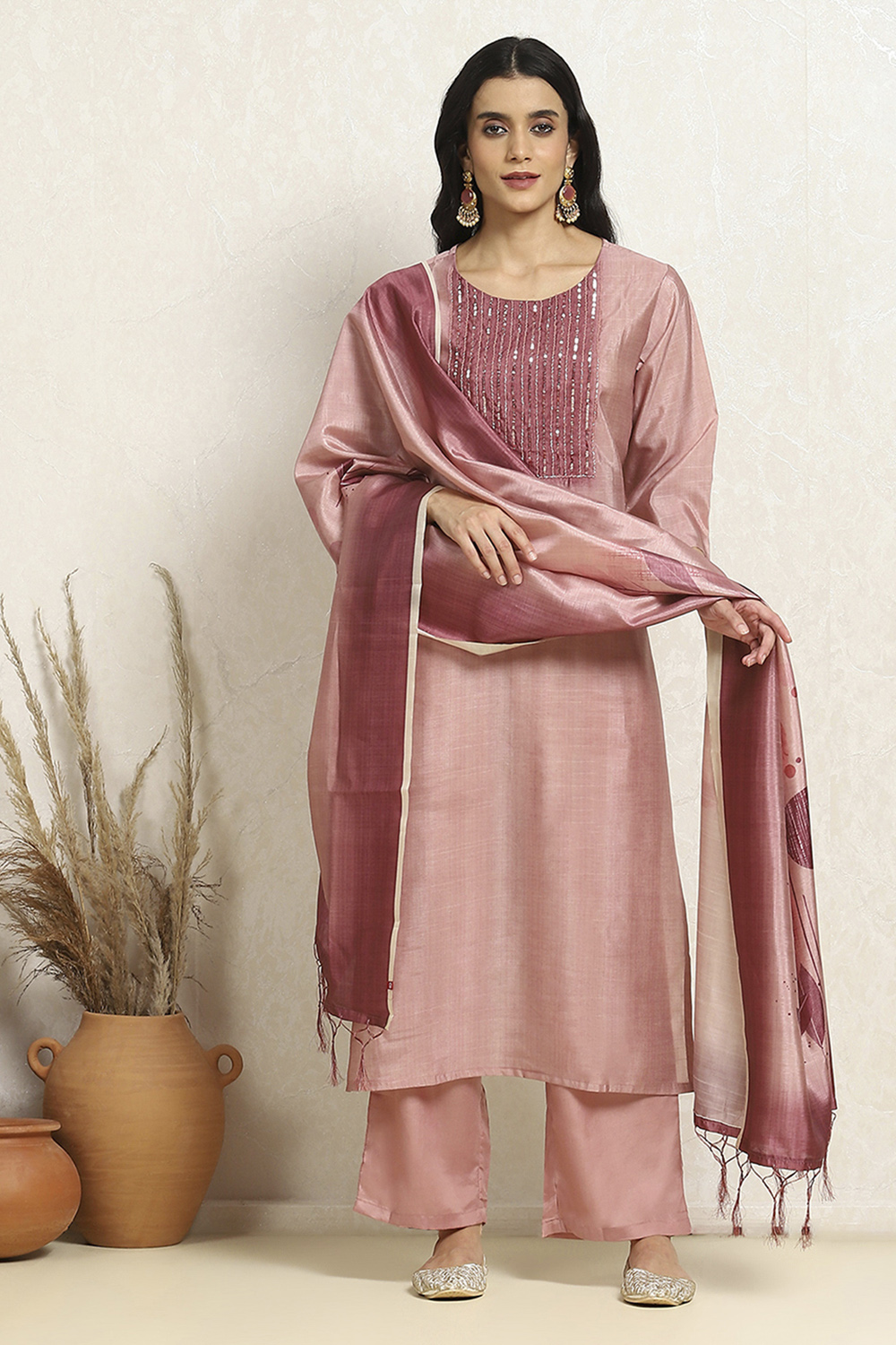 Pink Cotton Kota Embellished Unstitched Suit Set image number 1