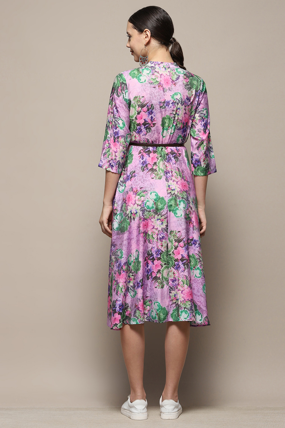 Purple Floral Block Printed A-line Dress image number 4