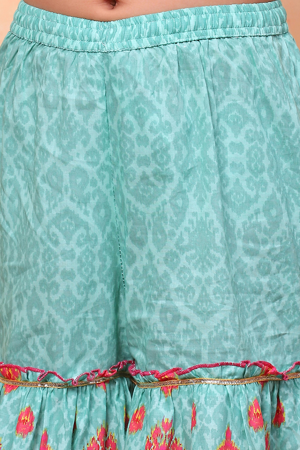 Turquoise Cotton Ikat Printed Peplum Flared Suit Set image number 2