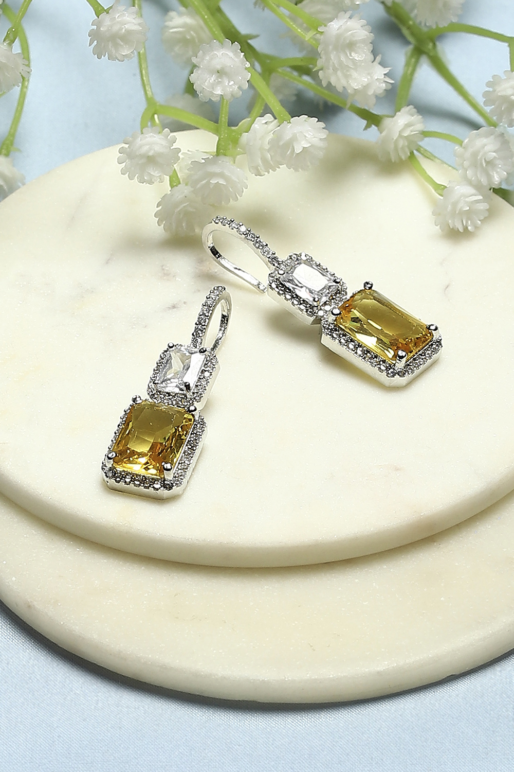 Gold-Toned Silver-Plated CZ Studded Geometric Danglers image number 0