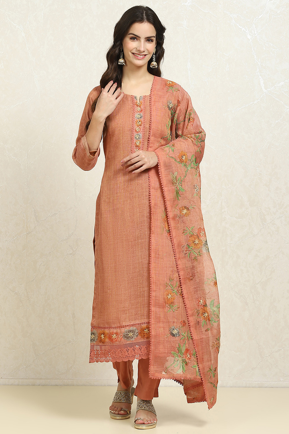 Grey Linen Blend Printed  Embroidered Unstitched Suit Set image number 1