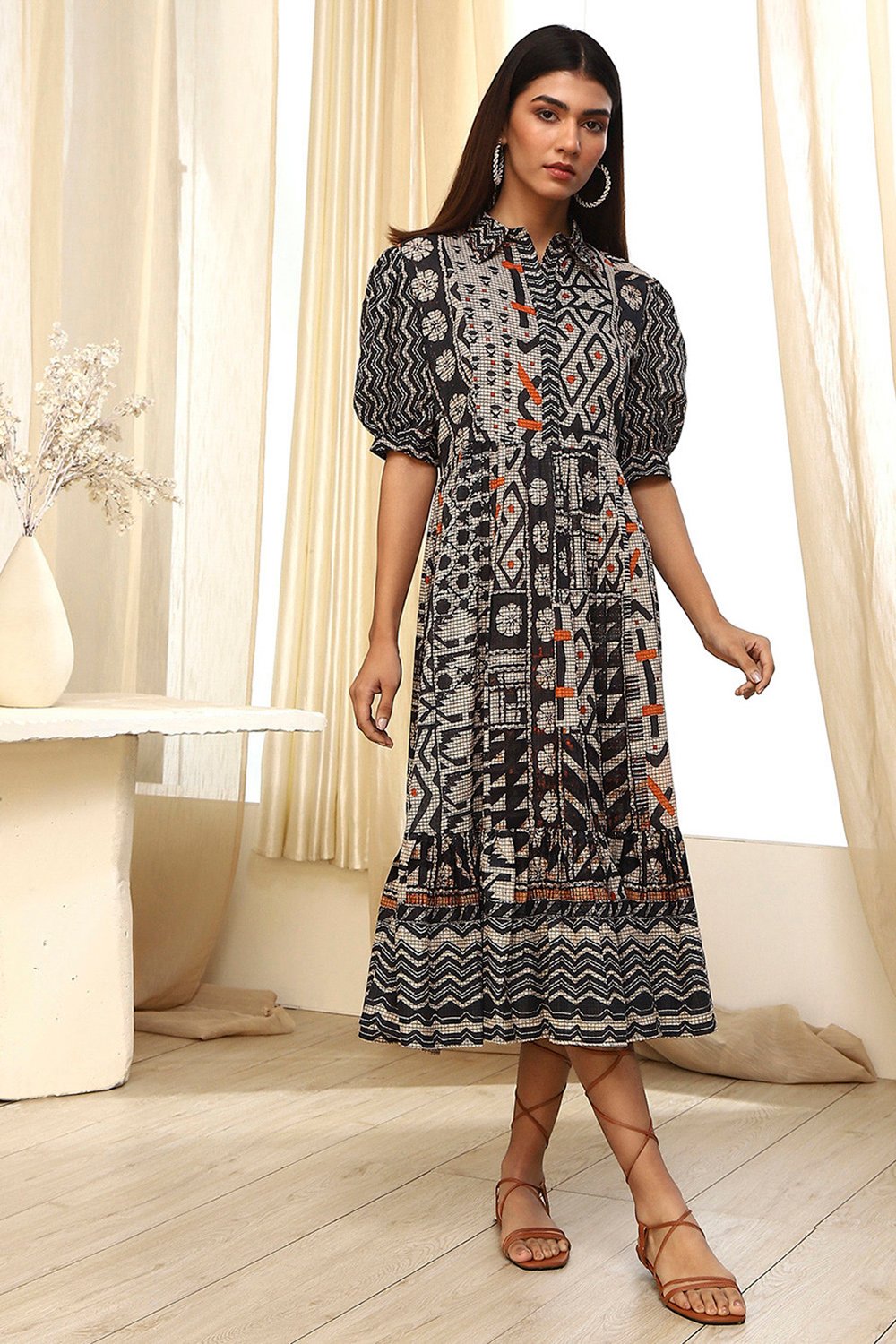 Black and Beige Cotton Printed Tiered Dress image number 5