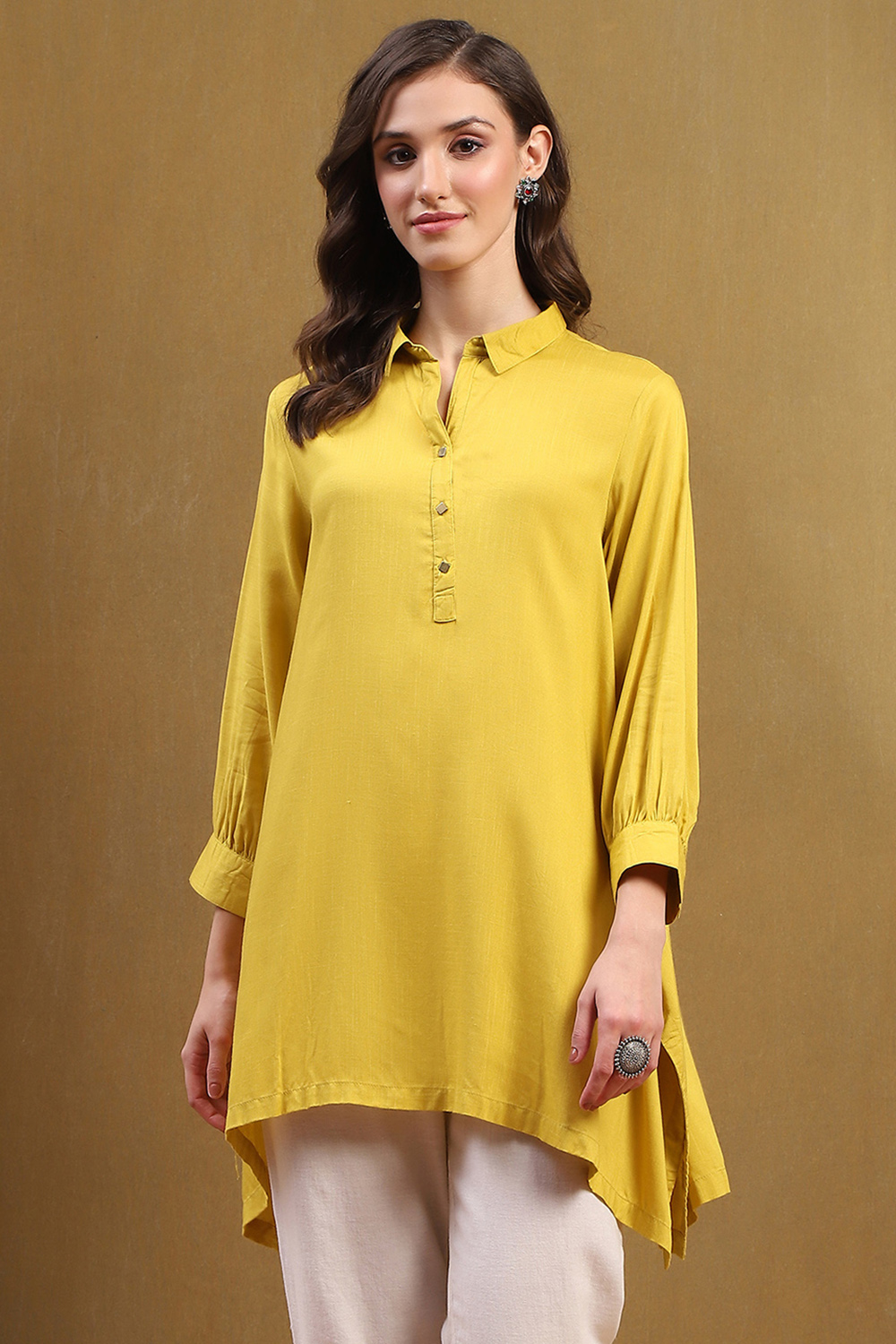 Mustard Yellow Solid Shirt Collar Asymmetric Short Kurti image number 5