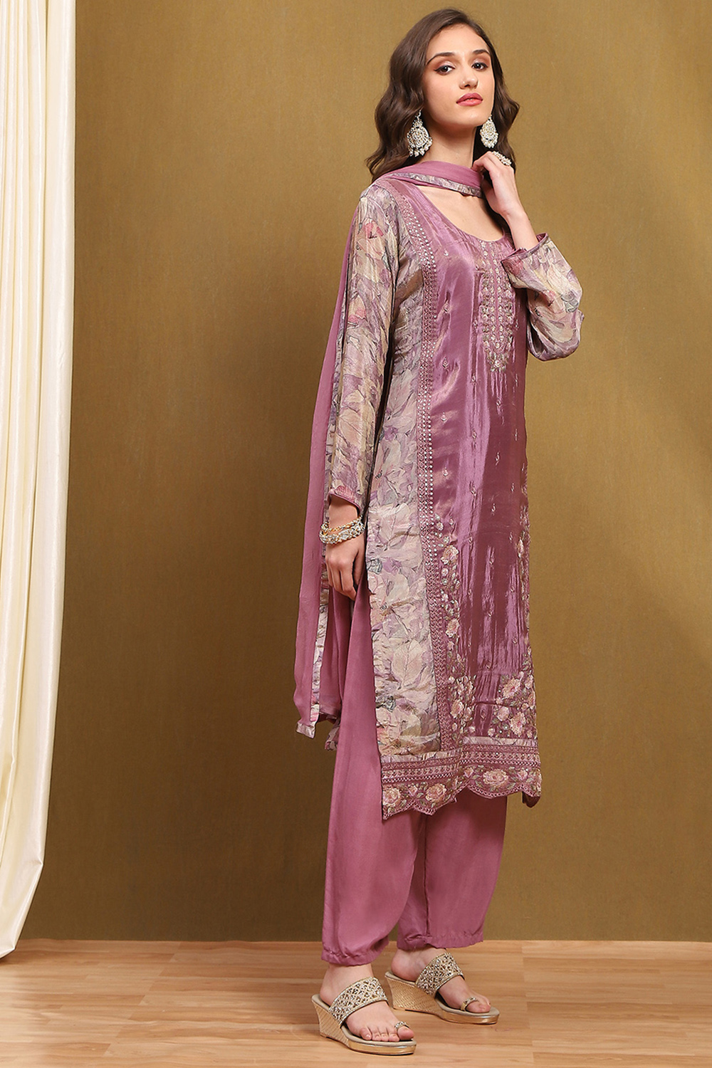 Purple Viscose Blend Printed Unstitched Suit Set image number 3