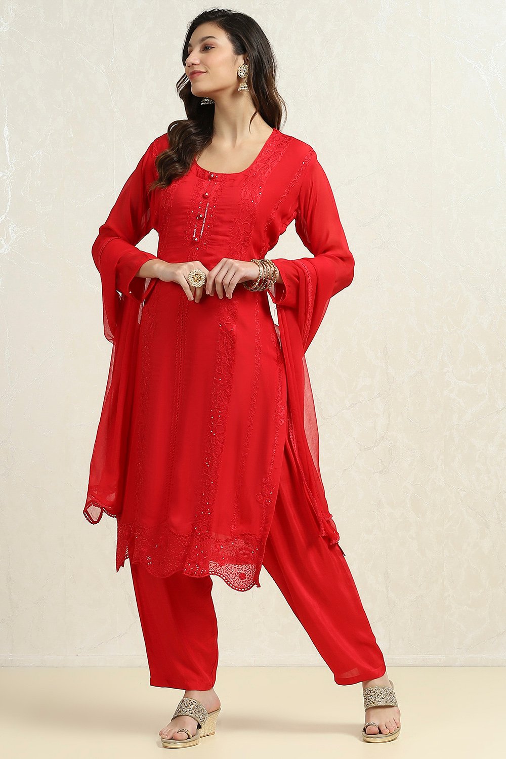 Red Organza Embroidered Unstitched Suit Set image number 1