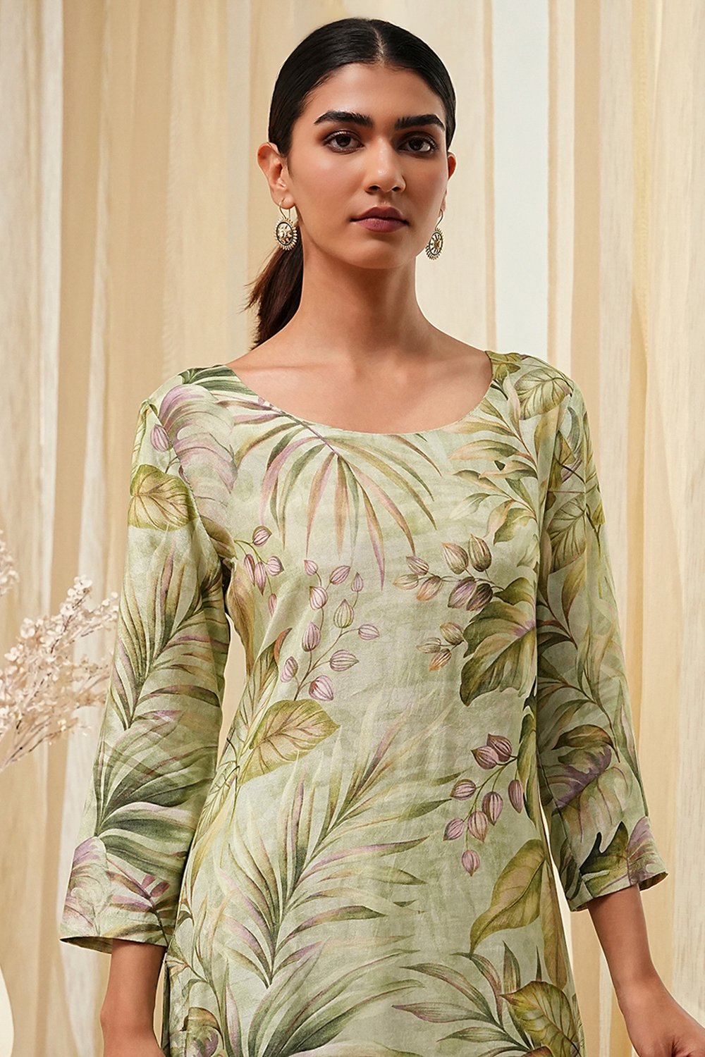 Green Modal Floral Printed Straight Kurta Set image number 2