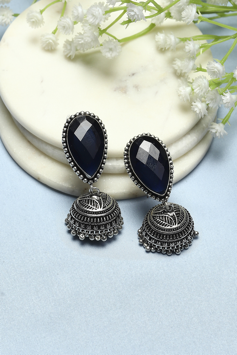 Navy Blue Oxidised Stone Studded Tear Drop Jhumkas image number 0