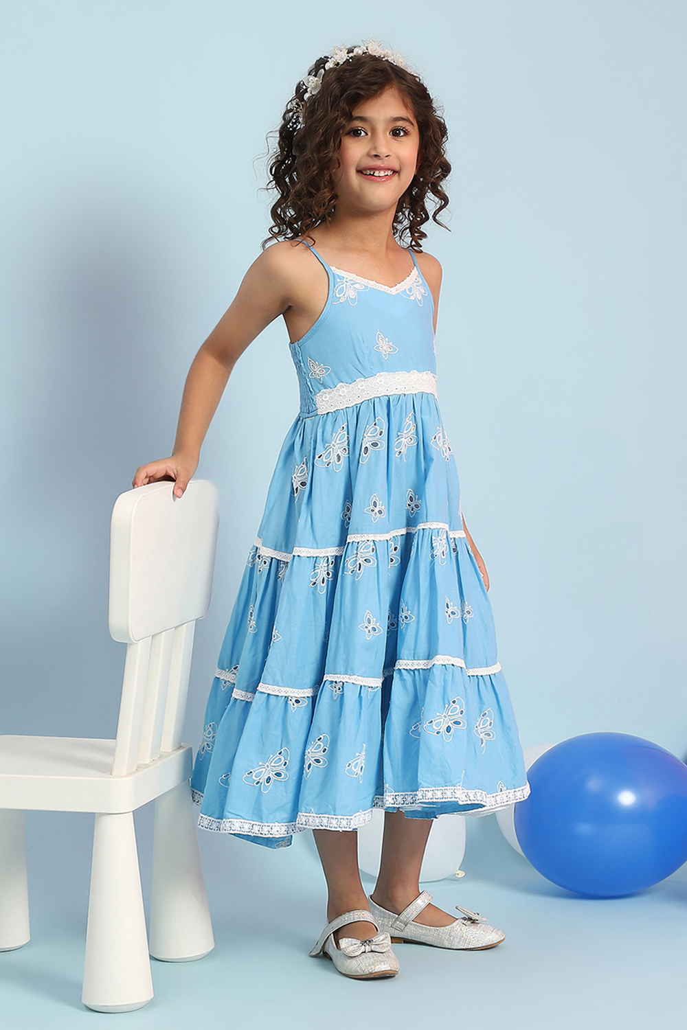 Blue Cotton Schiffli Strappy Tiered Dress image number 0