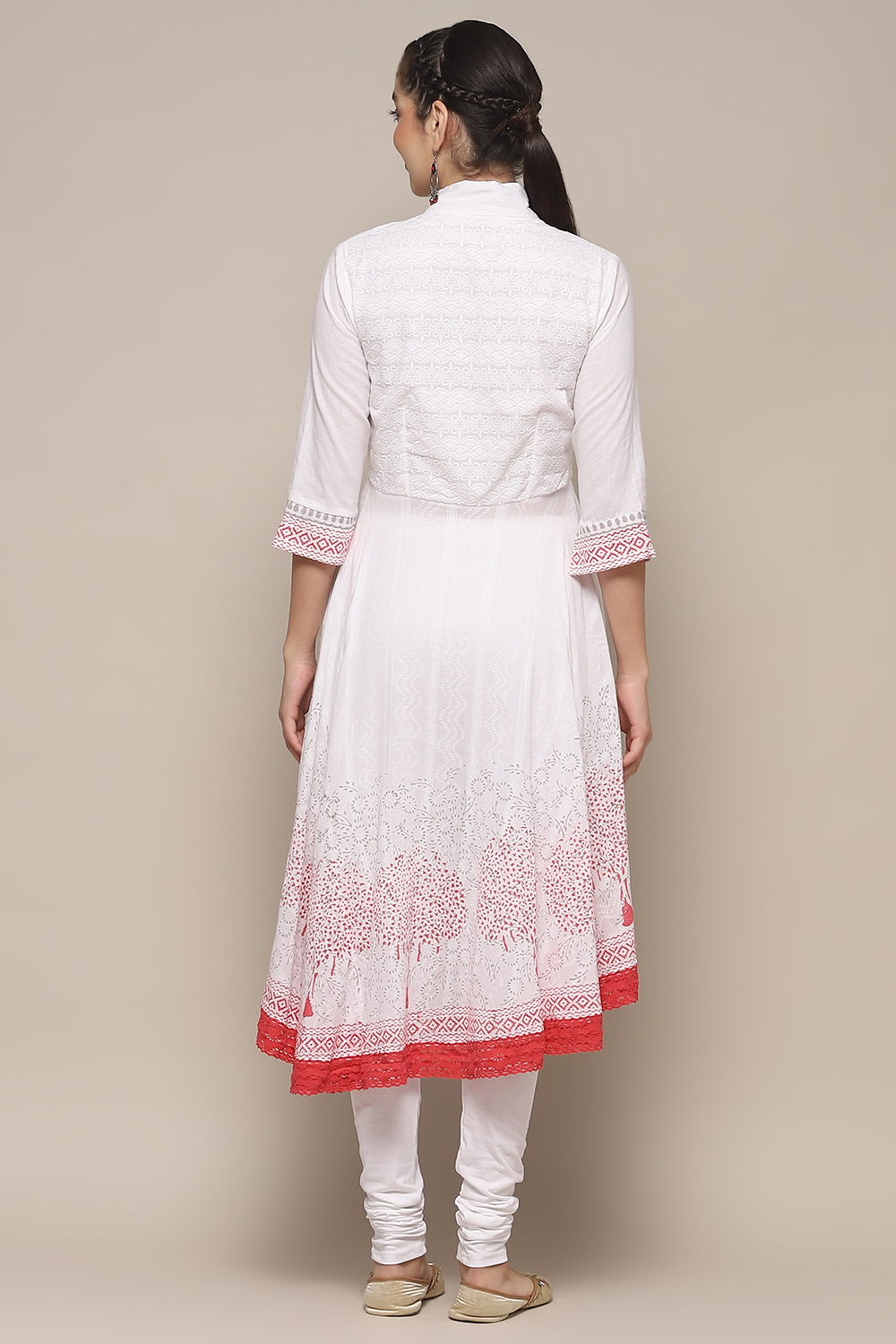 White Red Cotton Asymmetric Solid Kurta Churidar Suit Set image number 5