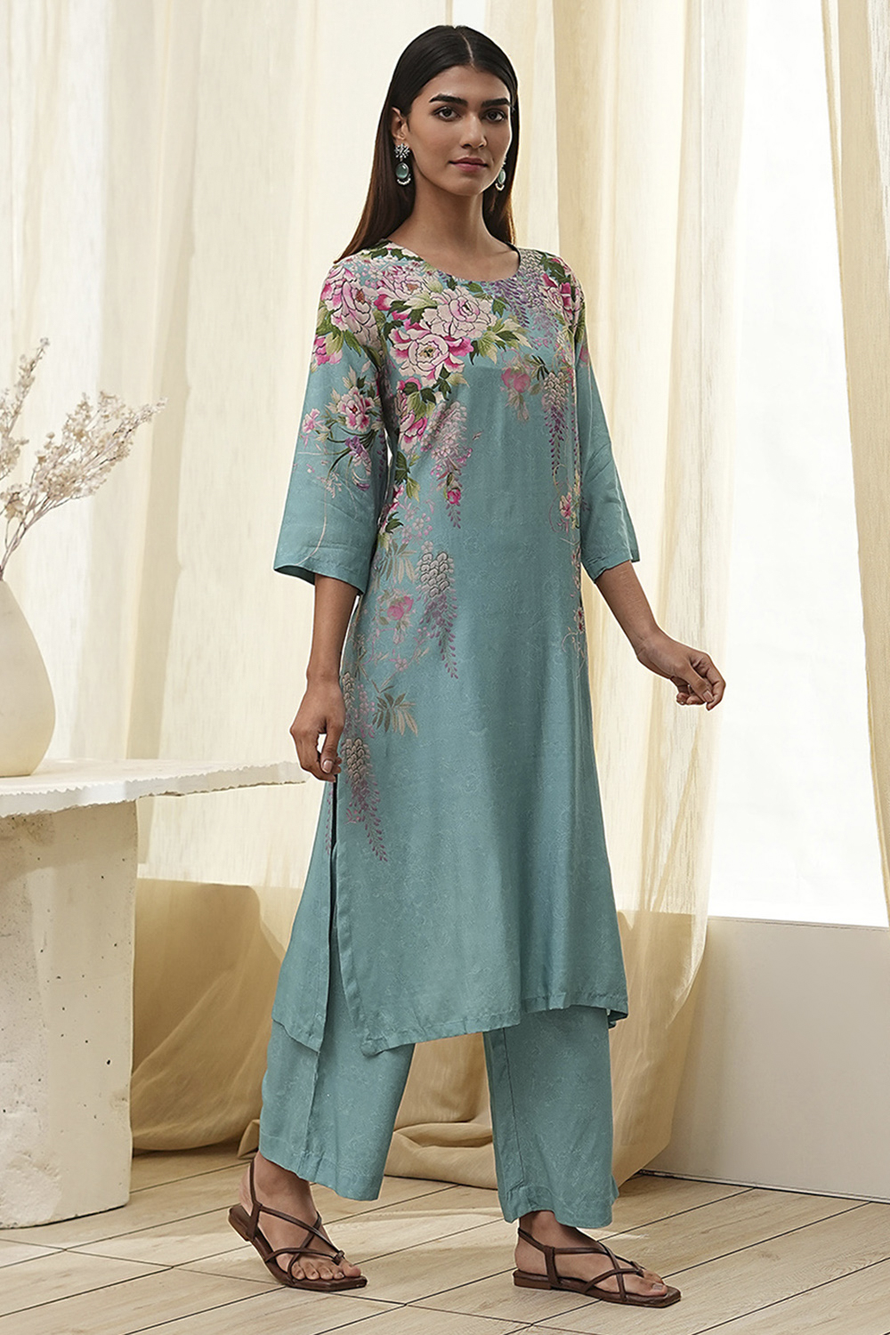 Blue Modal Blend Straight Suit Set image number 5