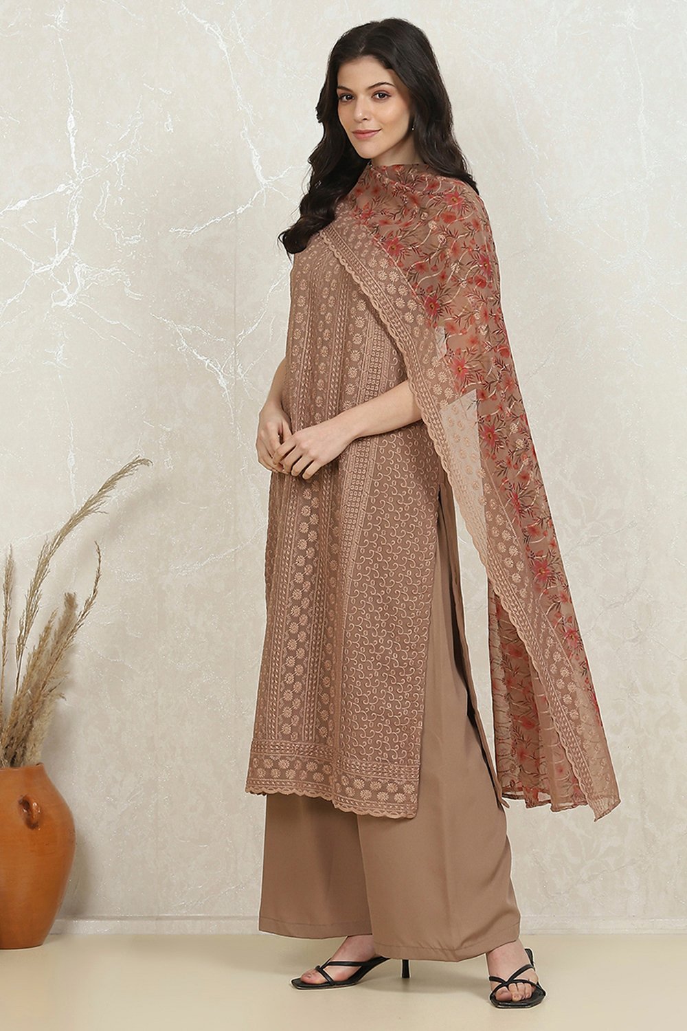 Brown Georgette Machine Embroidered Unstitched Suit Set image number 4