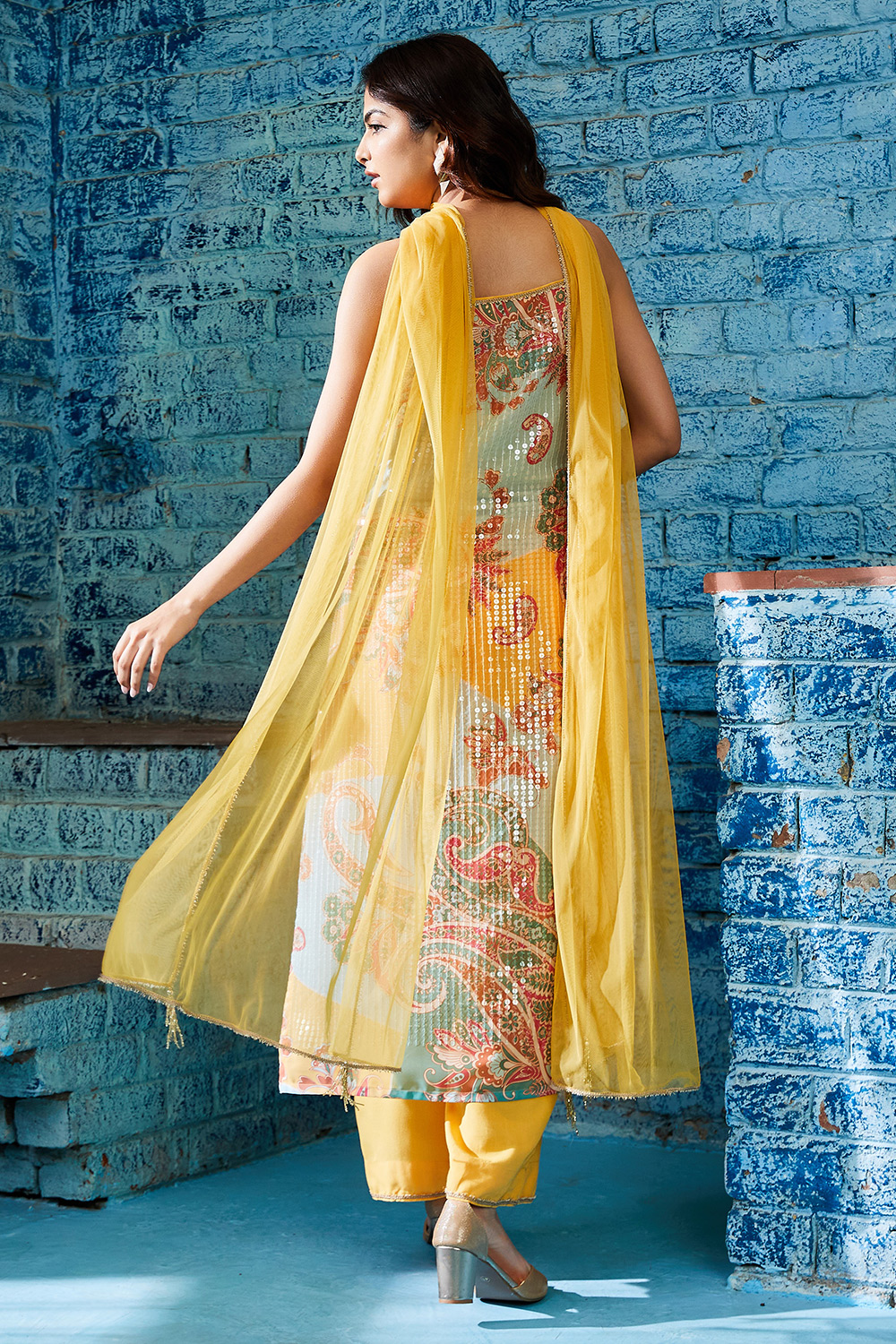 Yellow Printed Sequined Kurta & Palazzo Suit Set image number 8