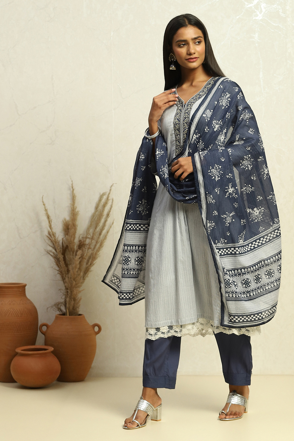 White and Rust Cotton Festive Kalidar Suit Set image number 0