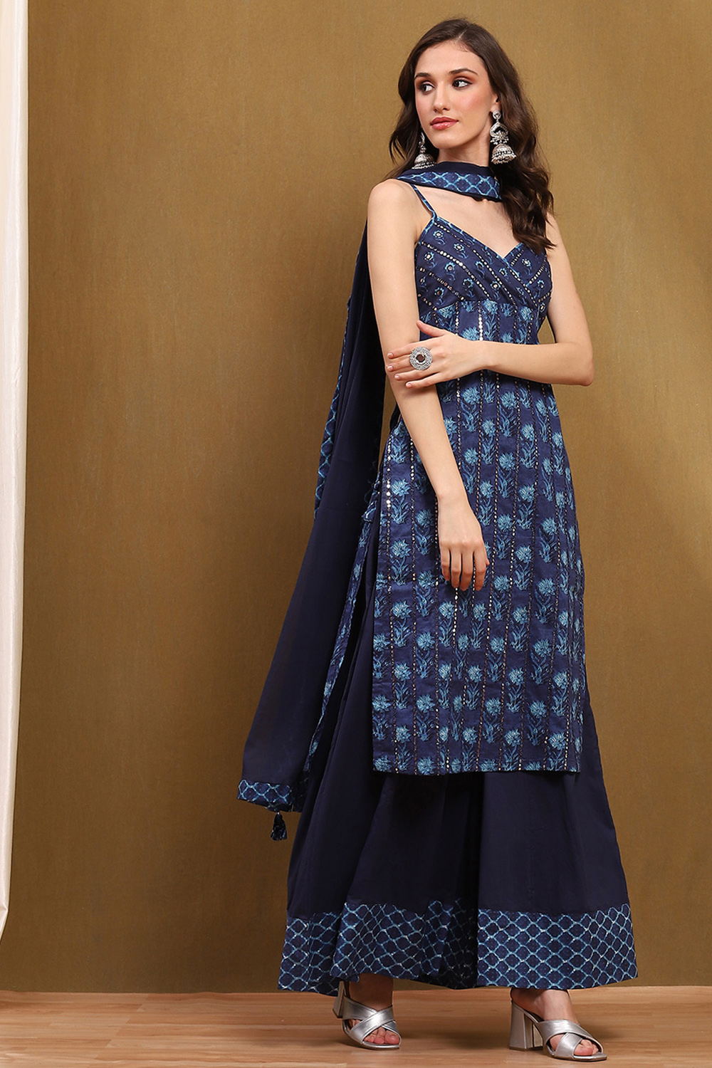 Indigo Cotton Floral Mirror Work Straight Suit Set image number 5