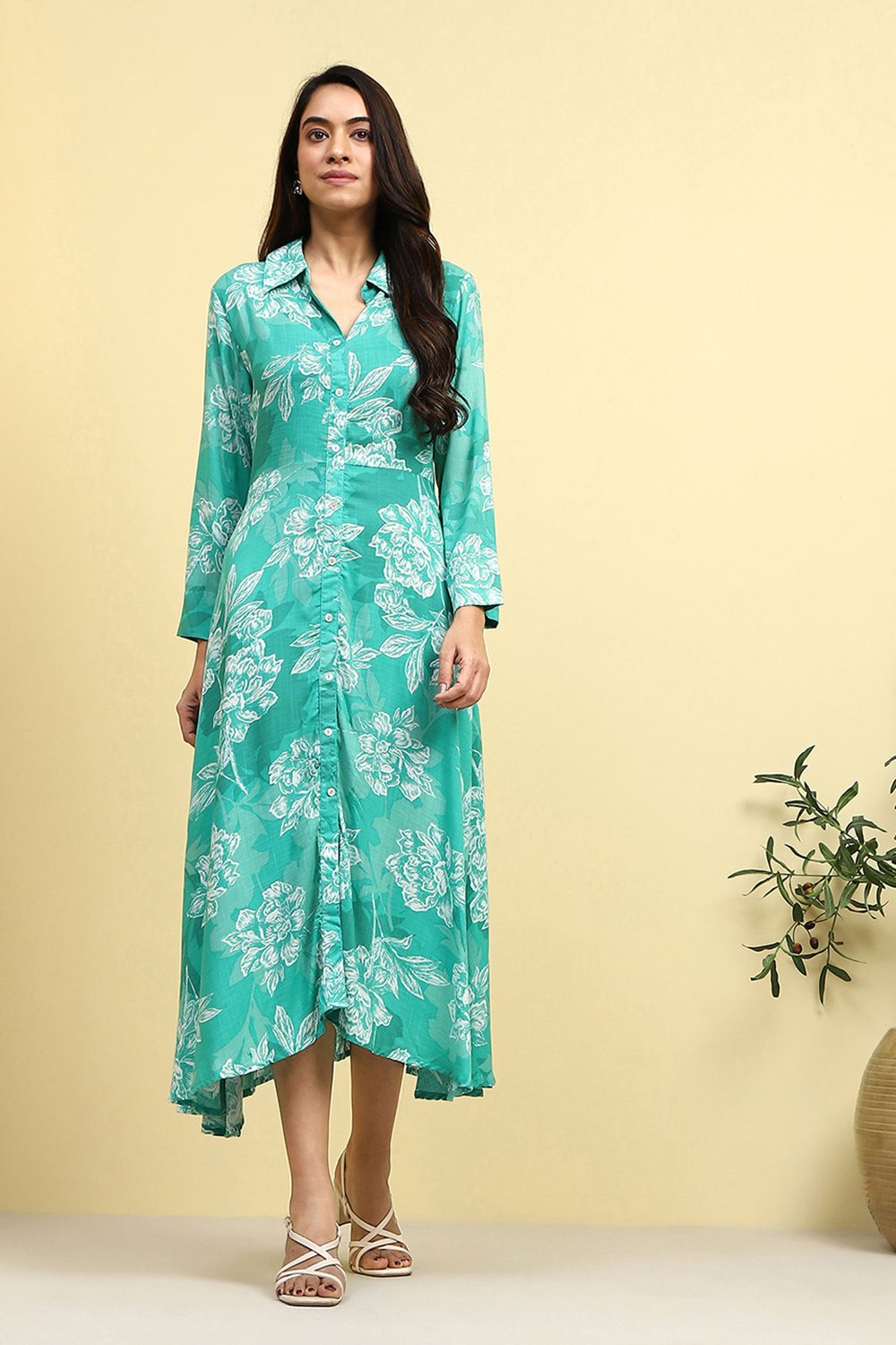 Blue Floral Printed Shirt Style A-line Dress image number 5