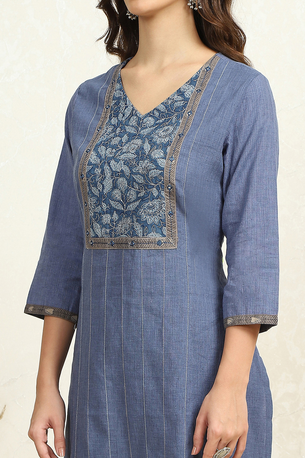 Dark Blue Flex Cotton Handloom Unstitched Suit Set image number 2