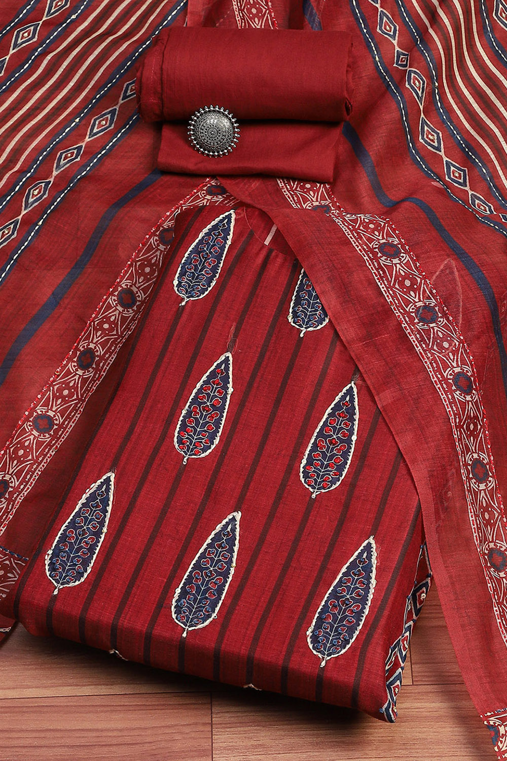 Maroon Chanderi Printed Embroidered Unstitched Suit Set image number 0