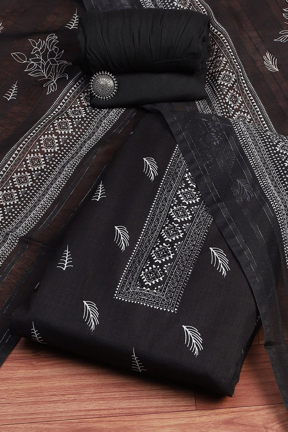 Black Linen Blend Woven Unstitched Suit Set image number 0