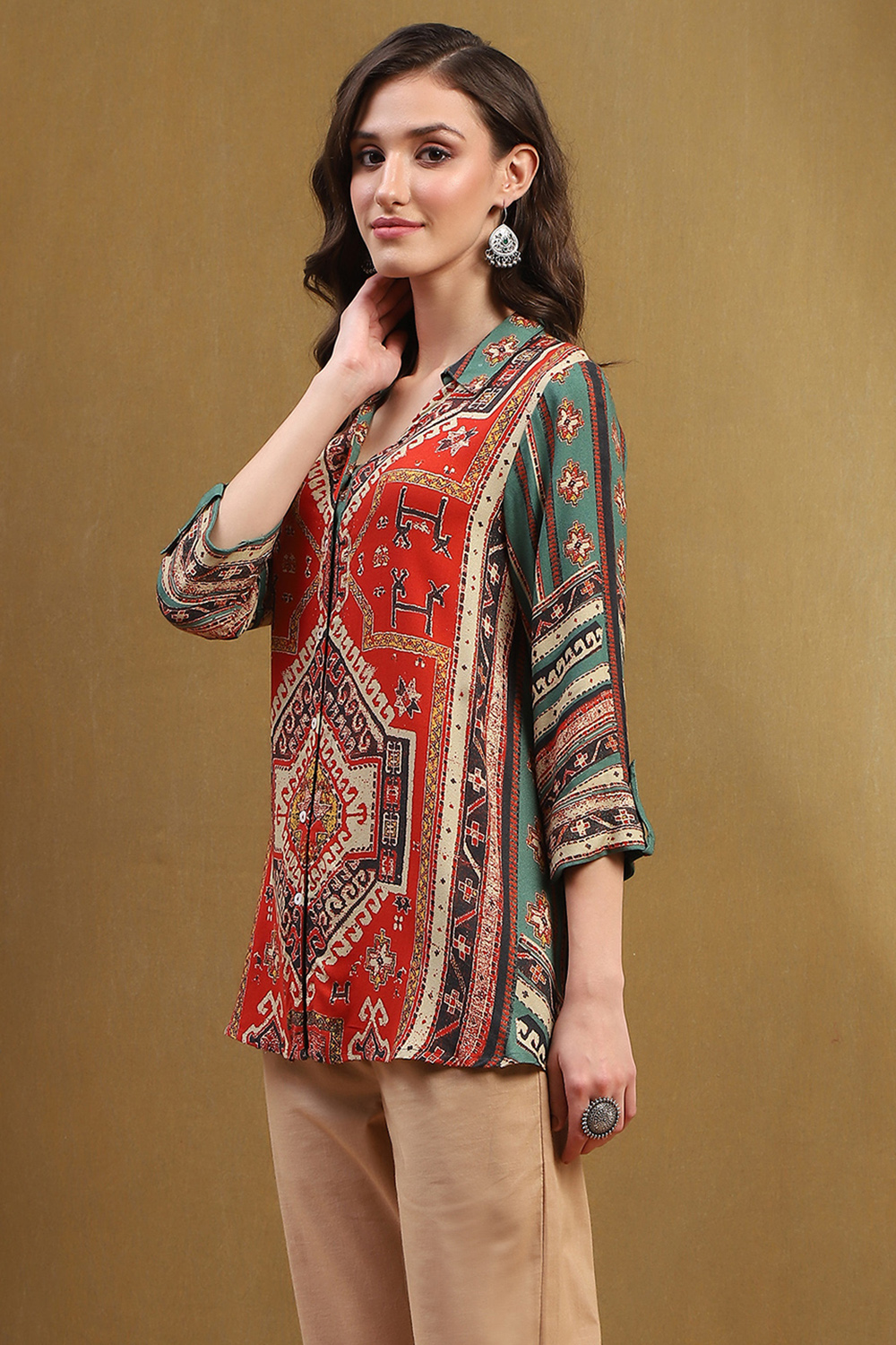 Rust and Green Block Printed Shirt Style Short Kurta image number 2