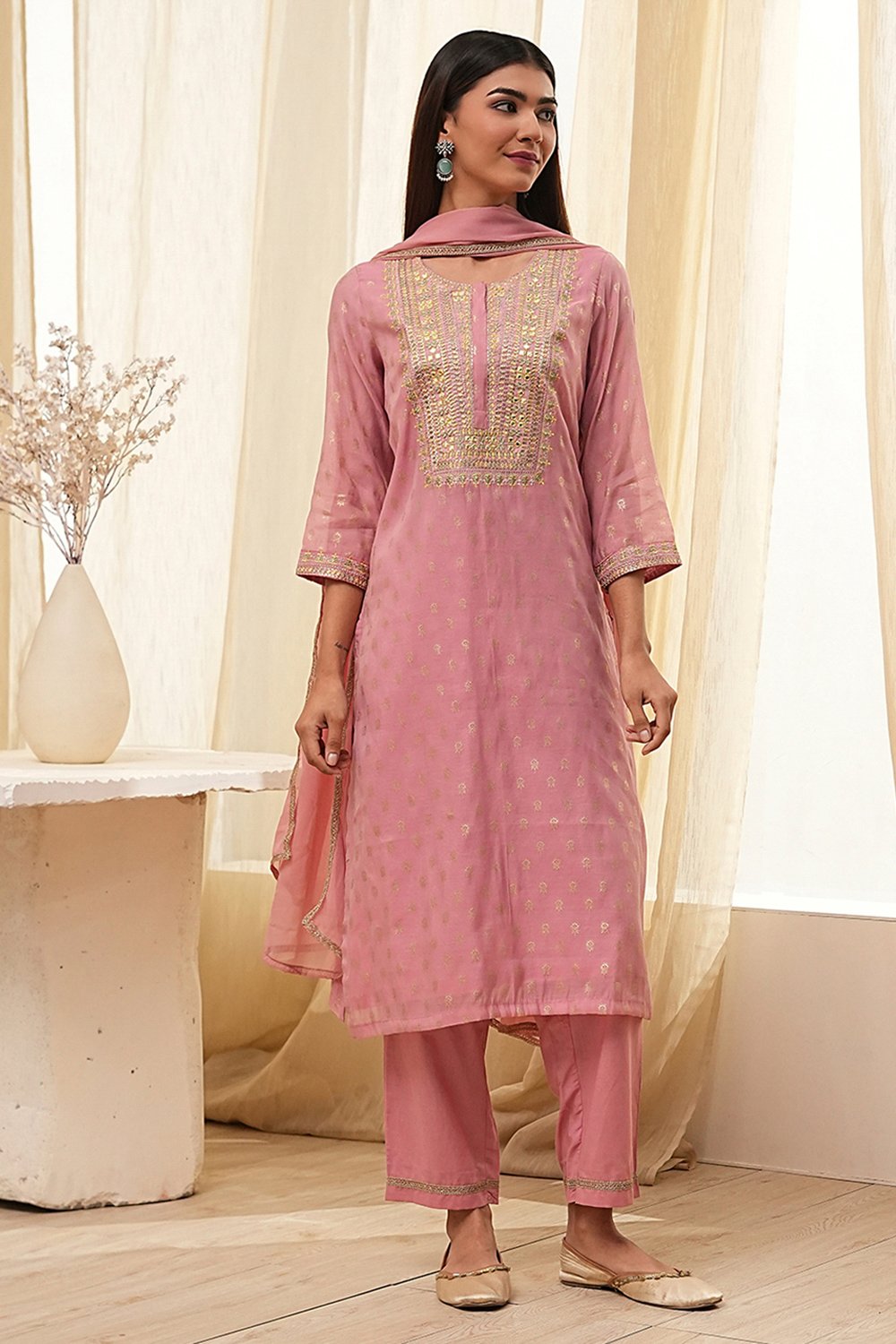 Dull Pink Embroidered Straight Suit Set image number 6