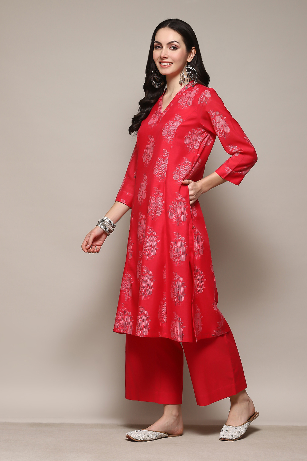 Pink Poly Chanderi A-Line Printed Kurta Palazzo Suit Set image number 3