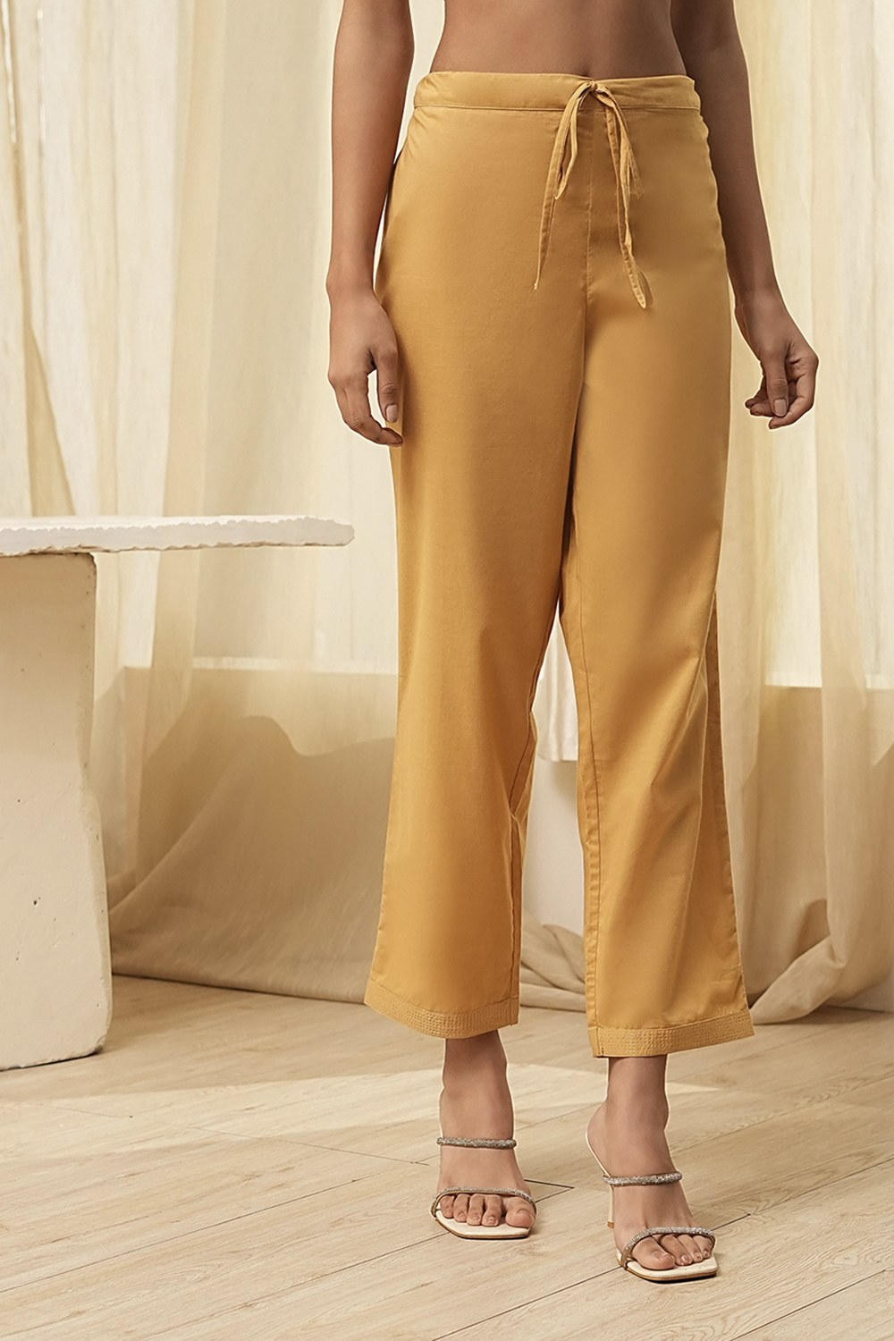 Gold-Toned Solid Regular Pants image number 4