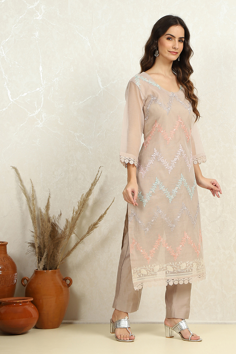 Peach-Coloured Floral Embroidered Unstitched Suit Set image number 3