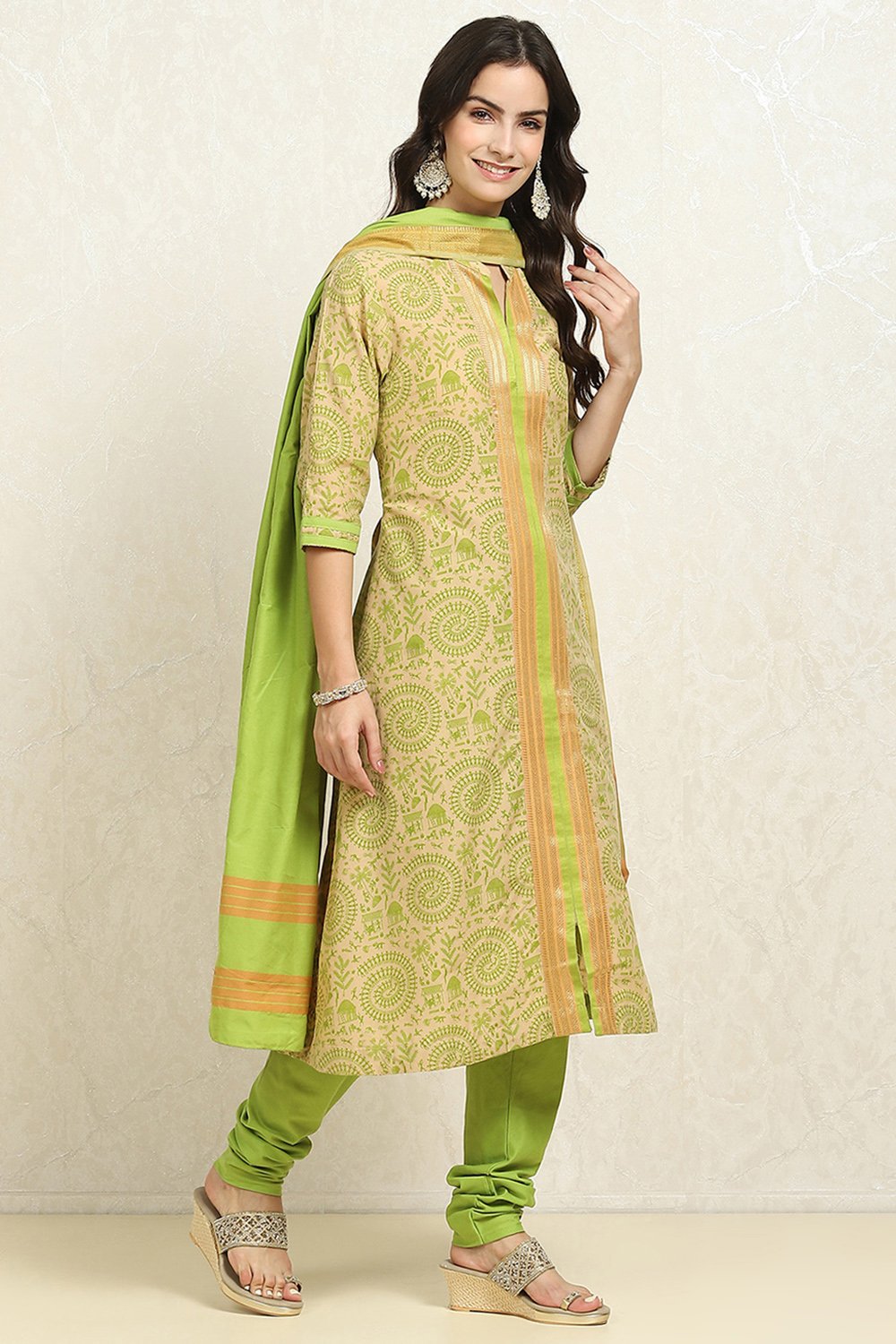 Green Cotton Handloom Unstitched Suit Set image number 6