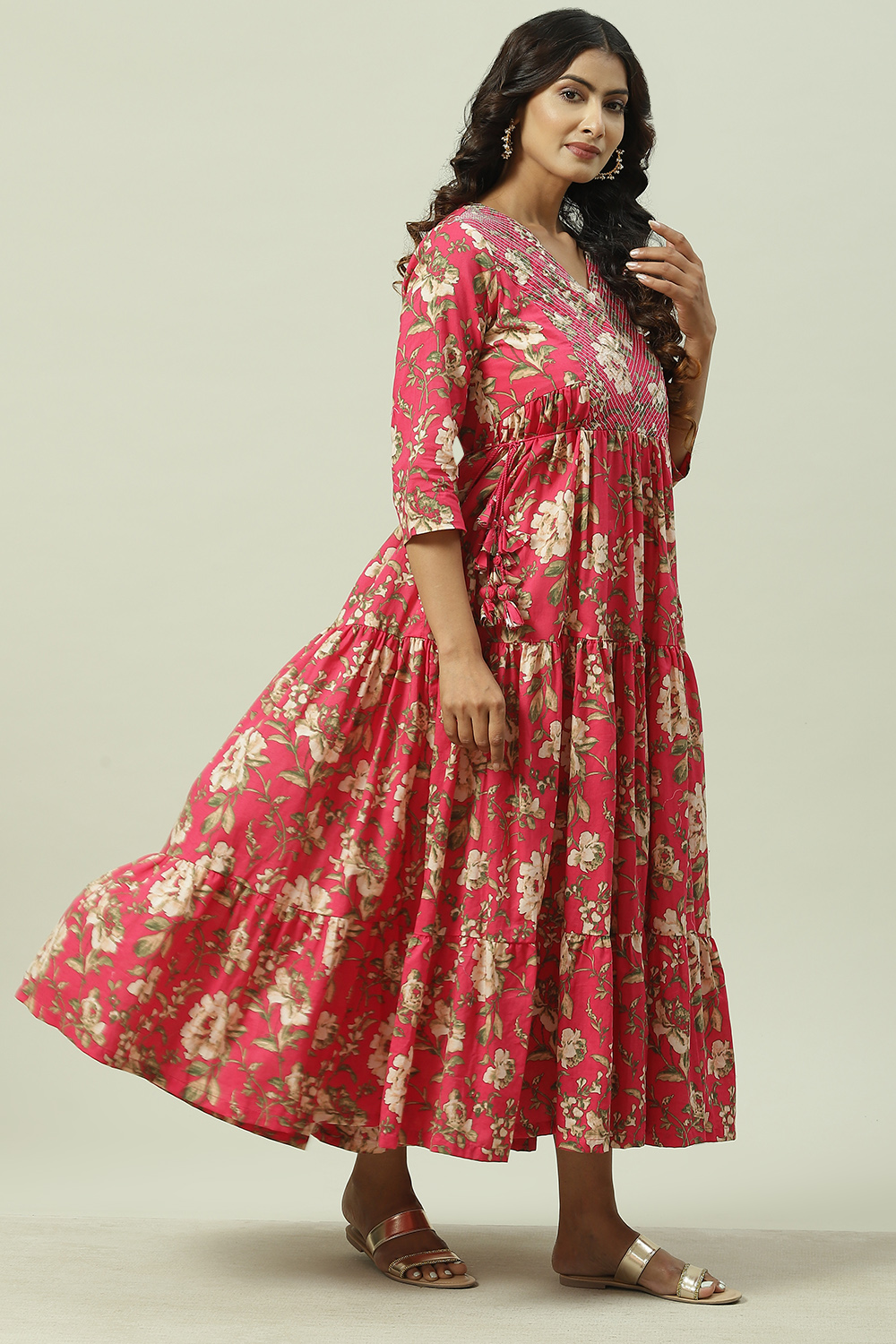 Pink Cotton Tiered Printed Dress at Biba India