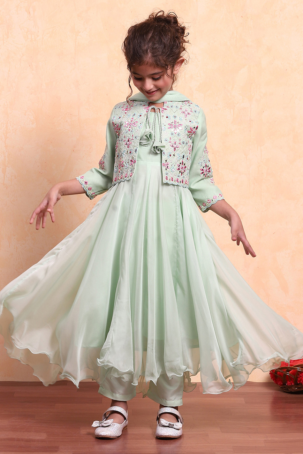 Matcha Green Polyester Blend Anarkali With Jacket Kurta Set image number 0