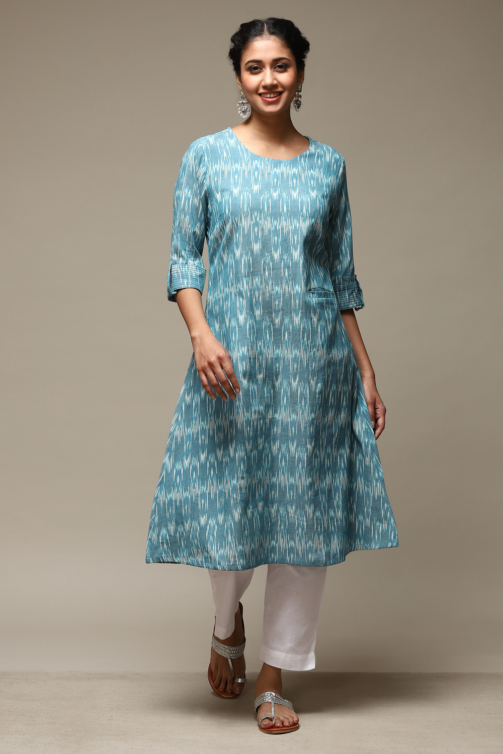 Light Blue Cotton IKAT Straight Yarndyed Kurta image number 0