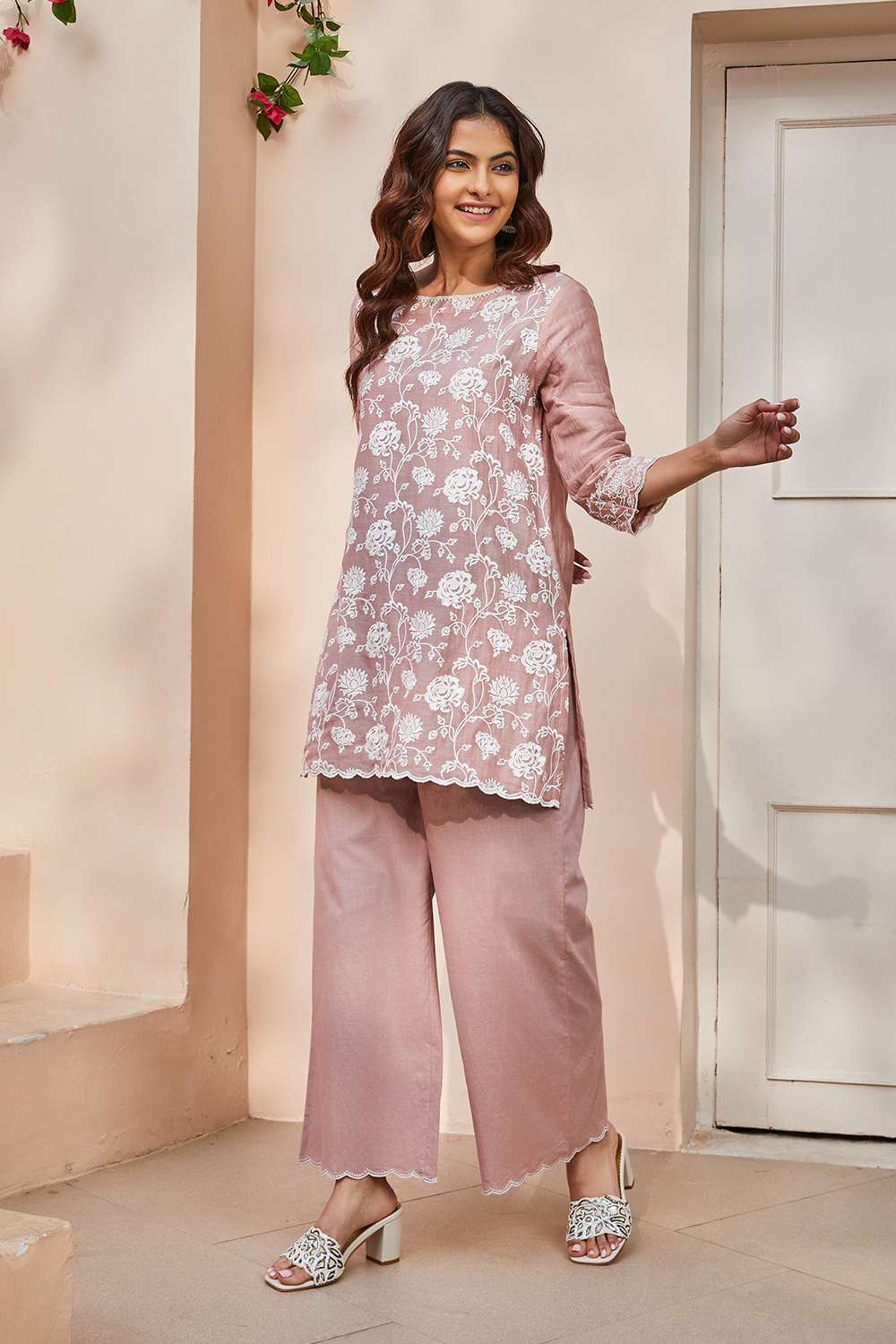 Antique Rose Polyester Blend Straight Kurta Set image number 6