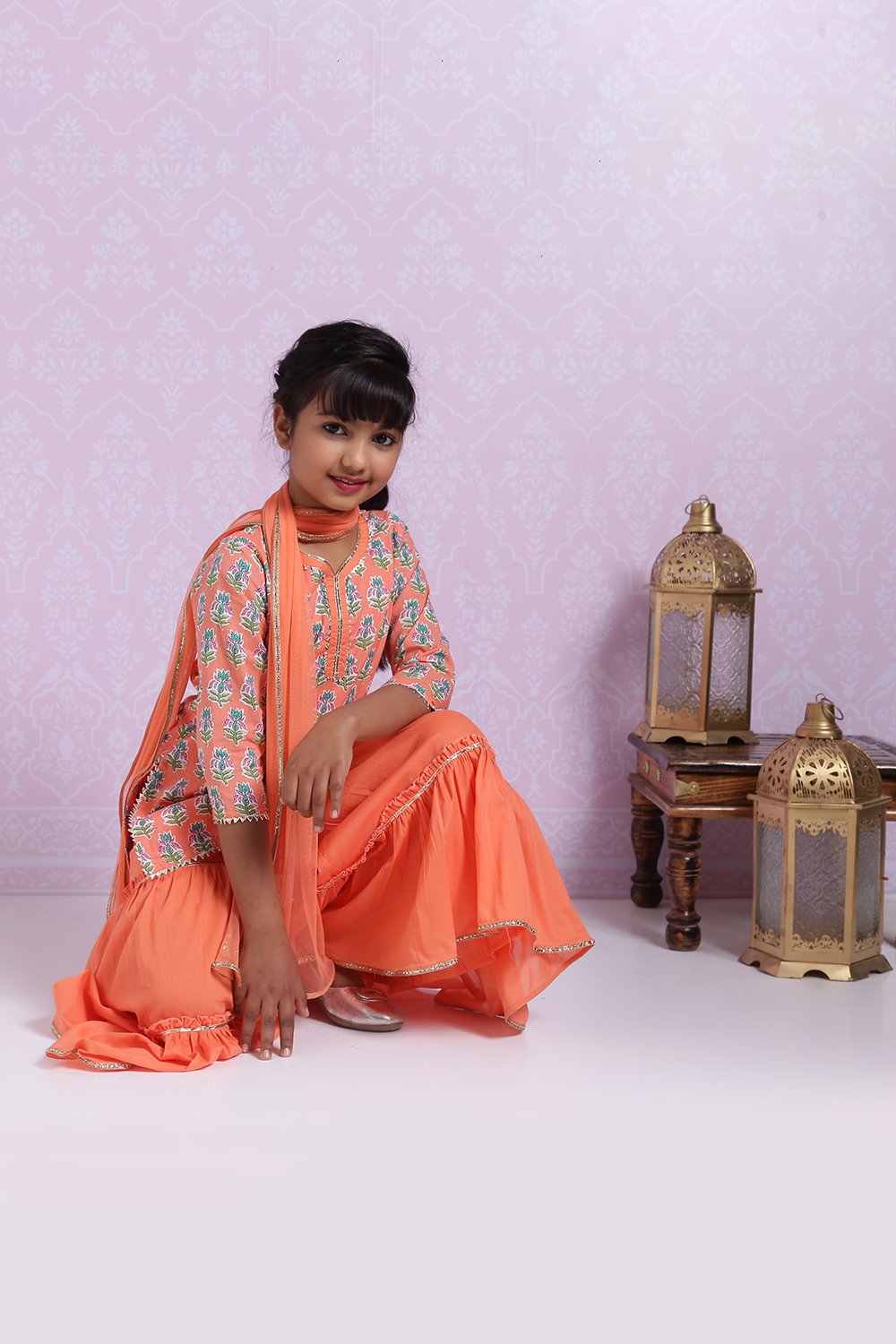 Peach Cotton Straight Kurta Sharara Suit Set image number 7