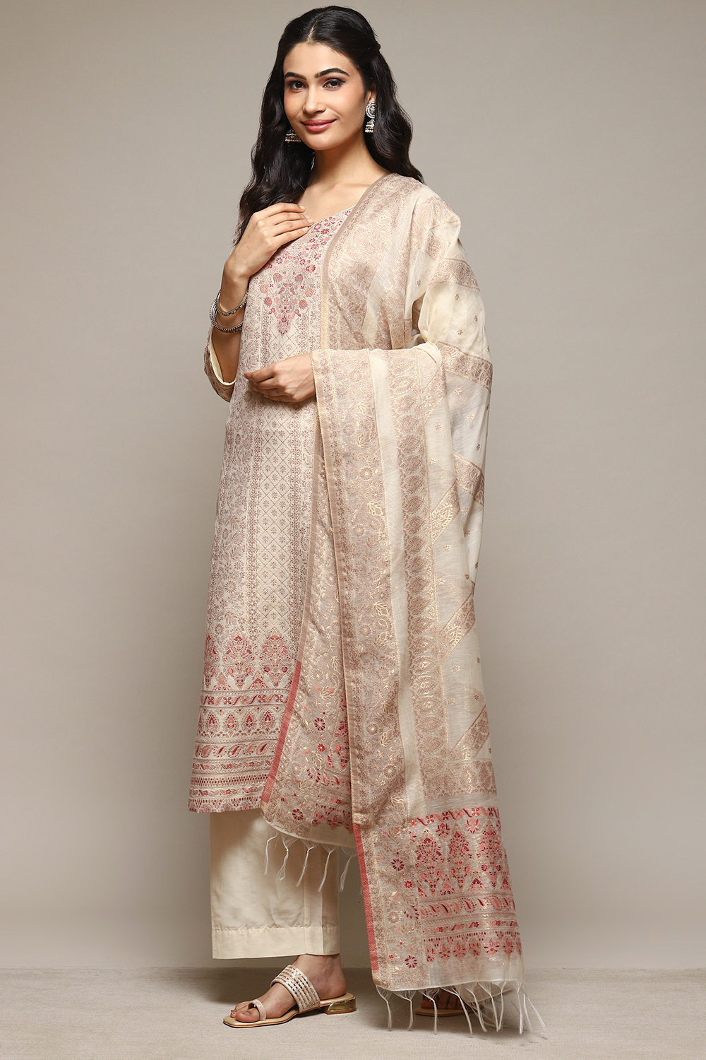 Beige Cotton Blend Straight Kurta Suit Set image number 5