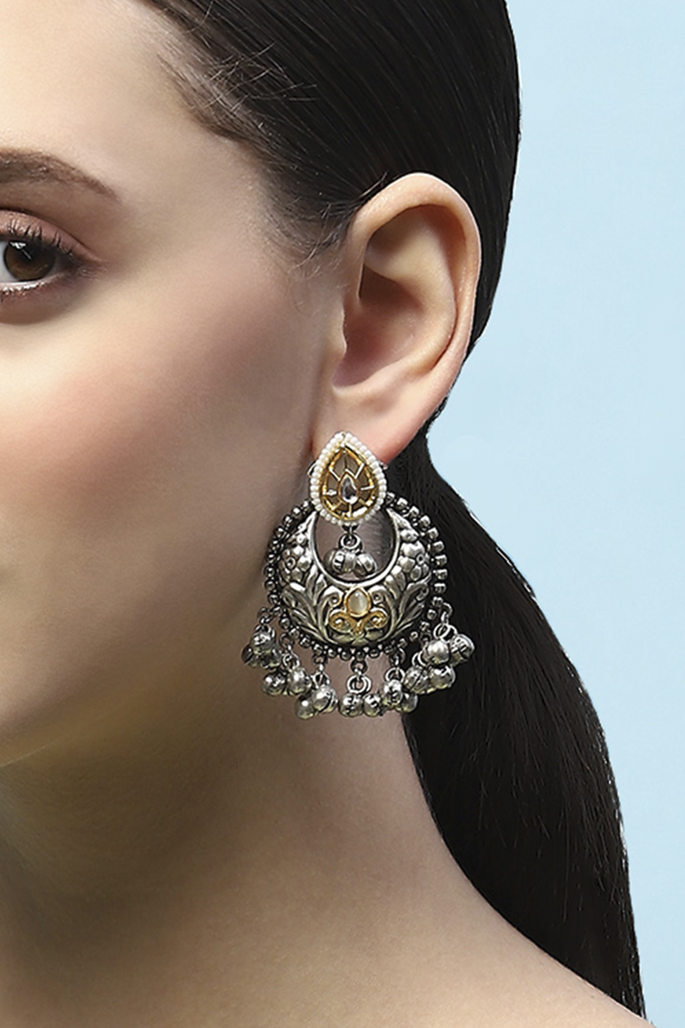 White Oxidised Stone Studded Chandbalis image number 3