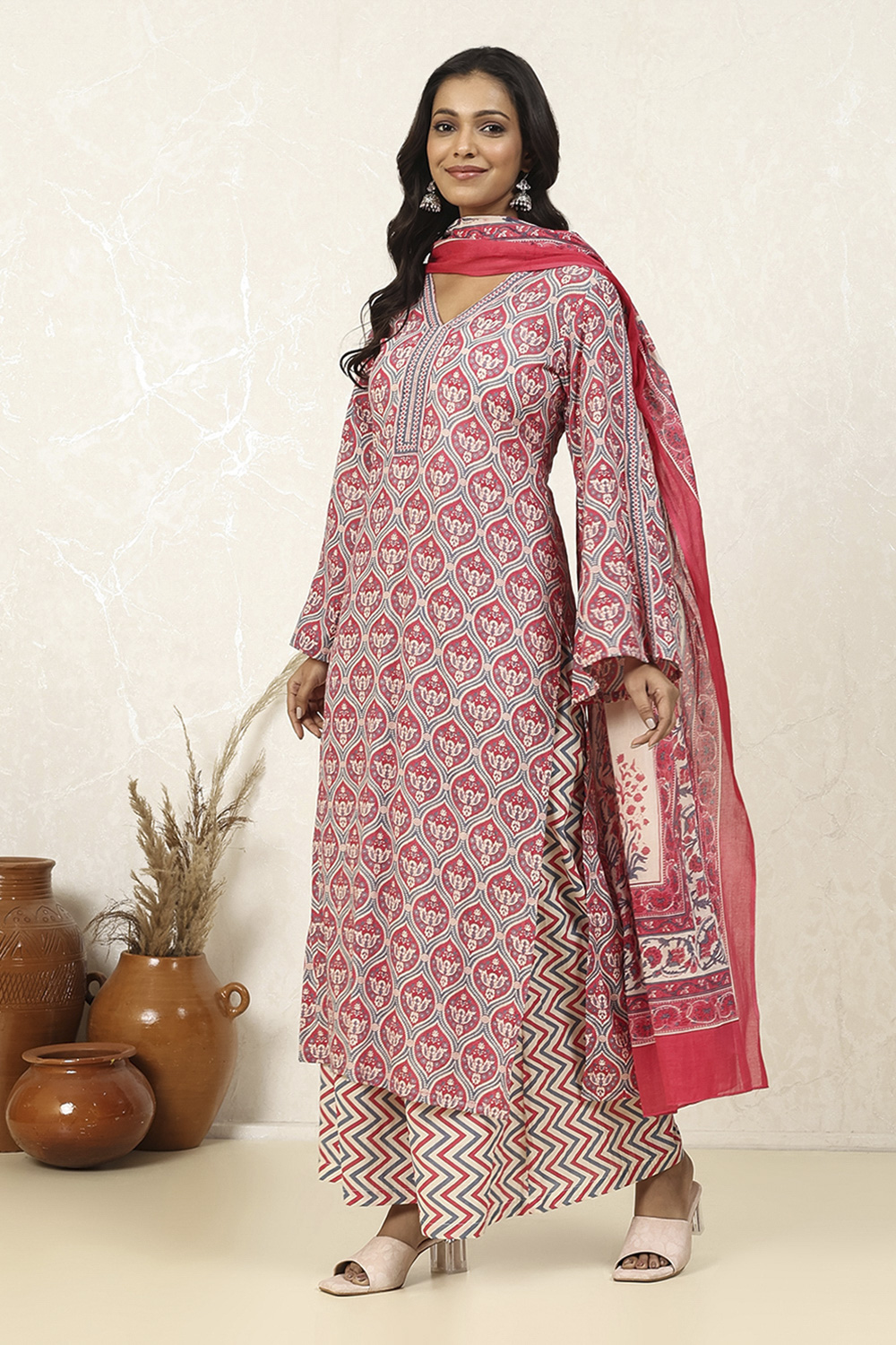 Pink Cotton Printed Unstitched Suit Set image number 4