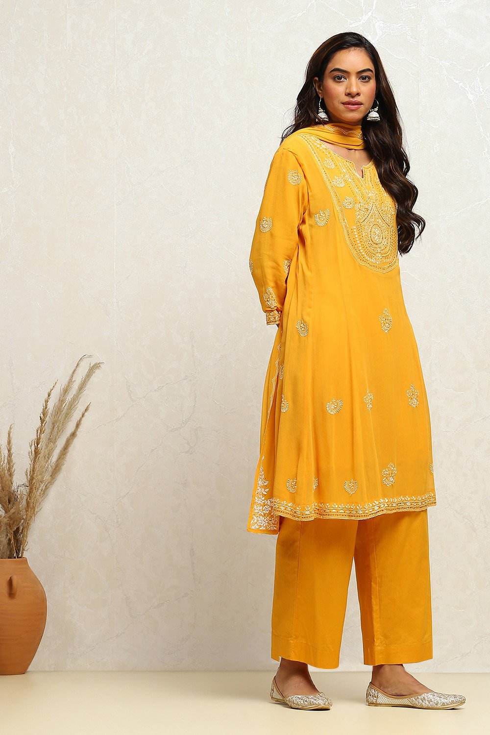 Yellow Embroidered Kalidar Suit Set image number 5