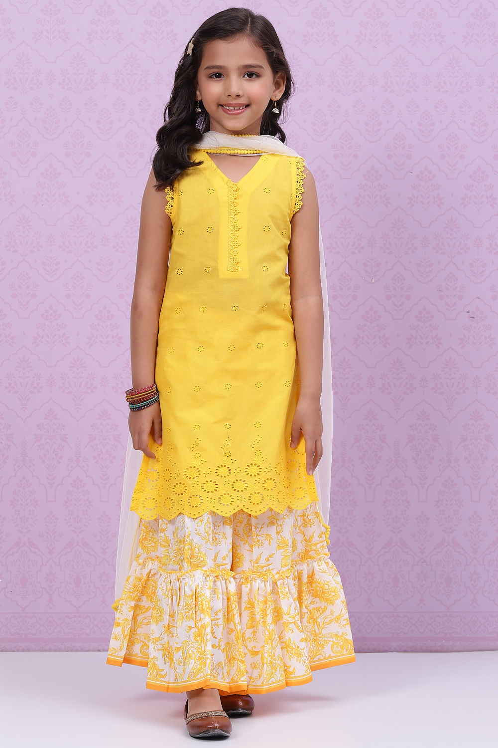 Yellow White Cotton Sharara Kurta Sharara Suit Set image number 0