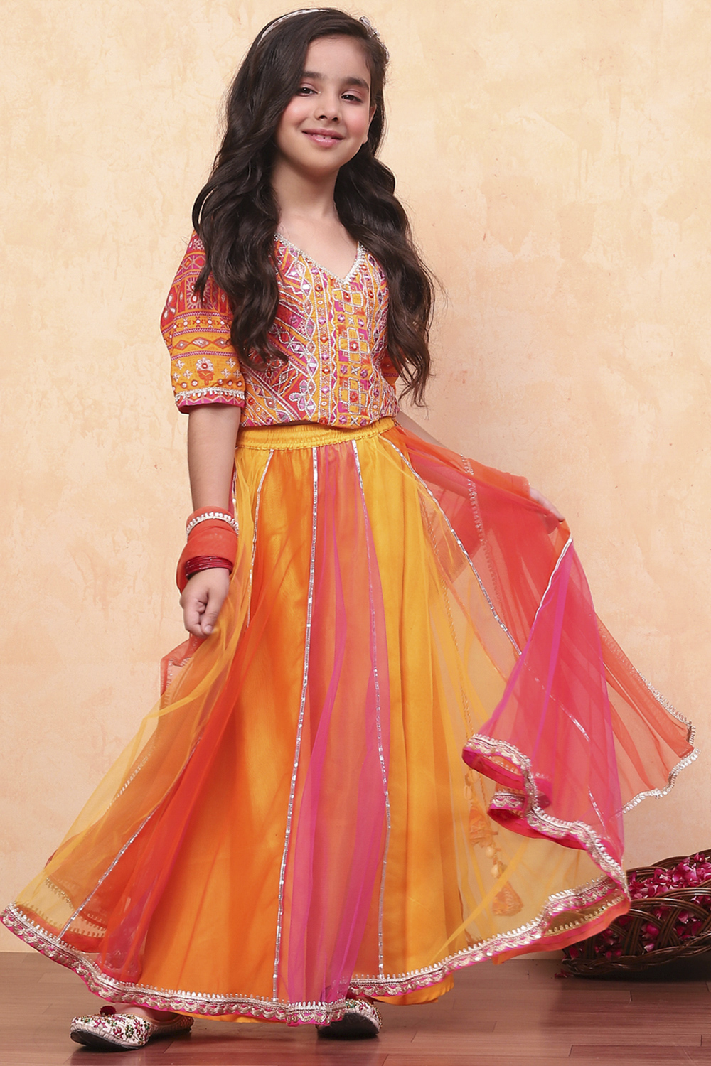 Yellow and Pink Embellished Festive Flared Lehenga Set image number 6