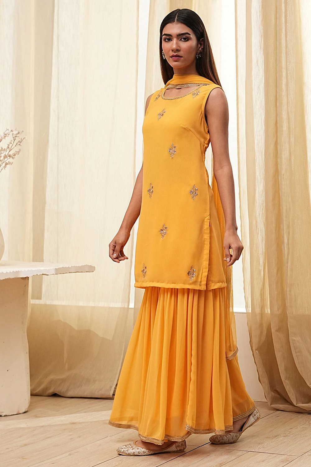 Ochre Yellow Embroidered Straight Suit Set image number 3