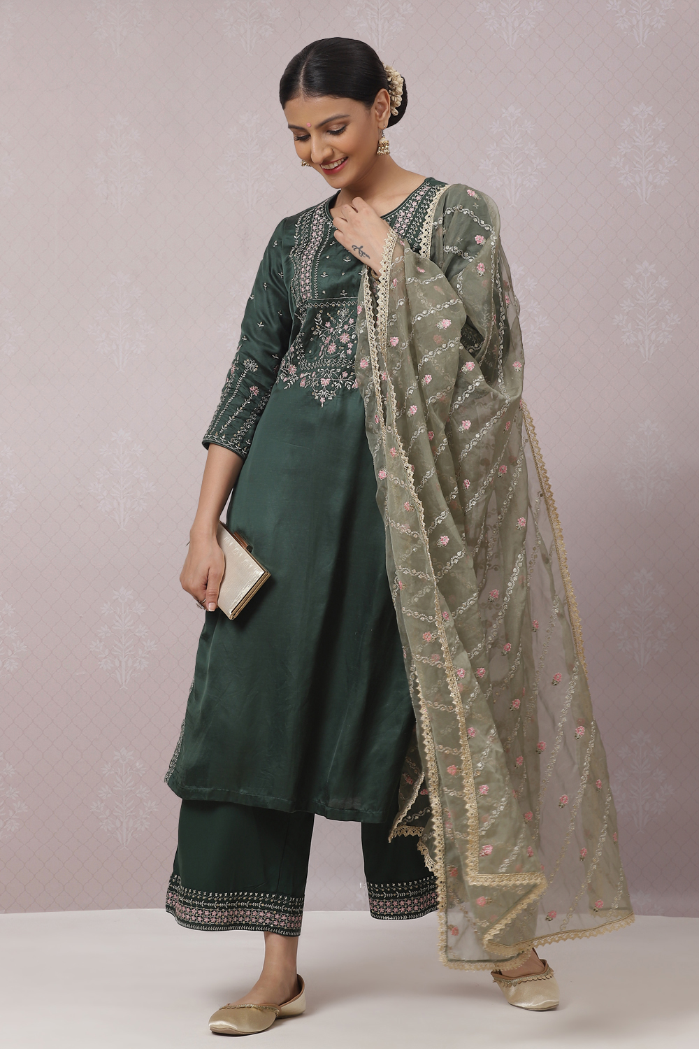 Dark Green Viscose Straight Kurta Palazzo Suit Set image number 6