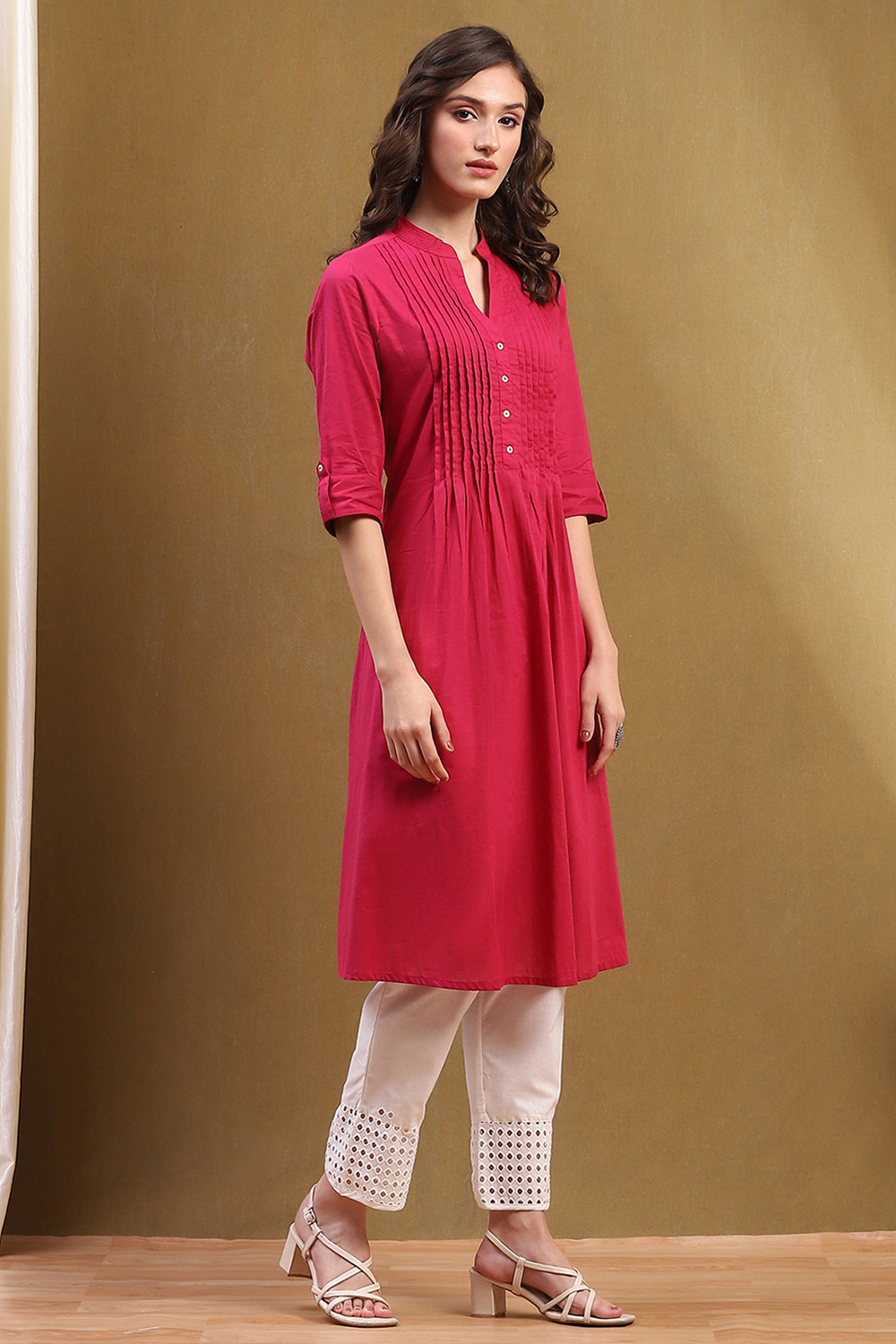 Pink Cotton Solid Pleated A-Line Kurta image number 4