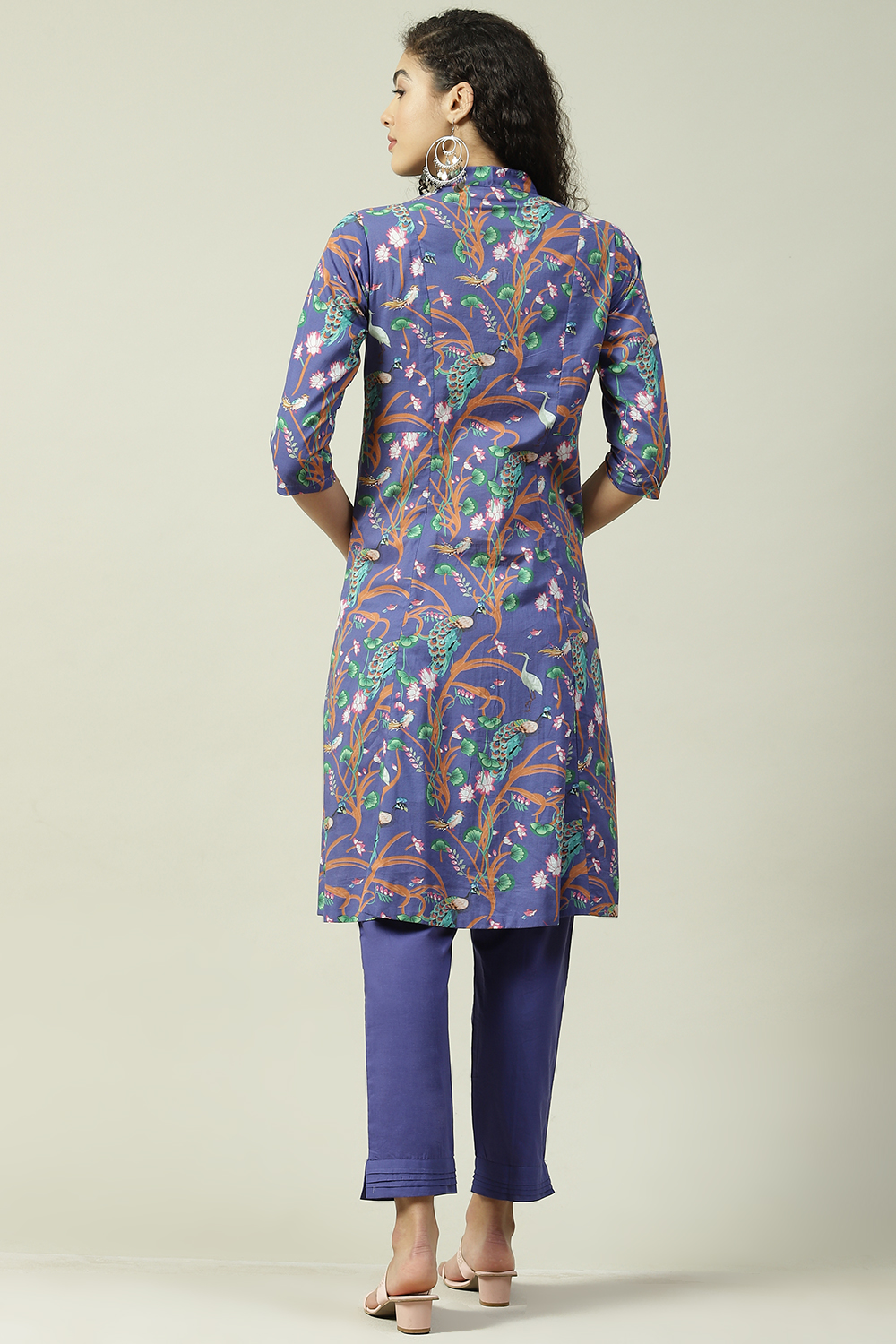 Blue & Purple Printed Cotton Straight Suit Set image number 4