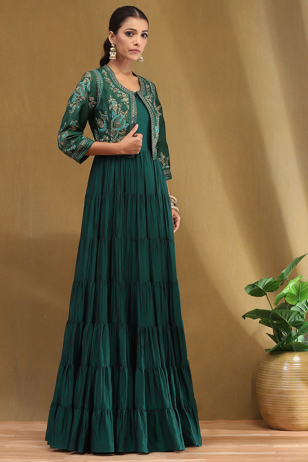 Emerald Green Silk Festive Tiered Anarkali Dress at Biba India