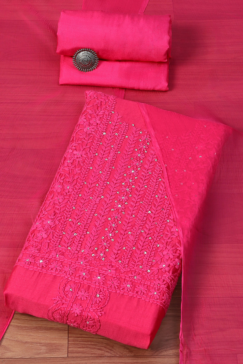 Pink Art Silk Embroidered Unstitched Suit Set image number 0