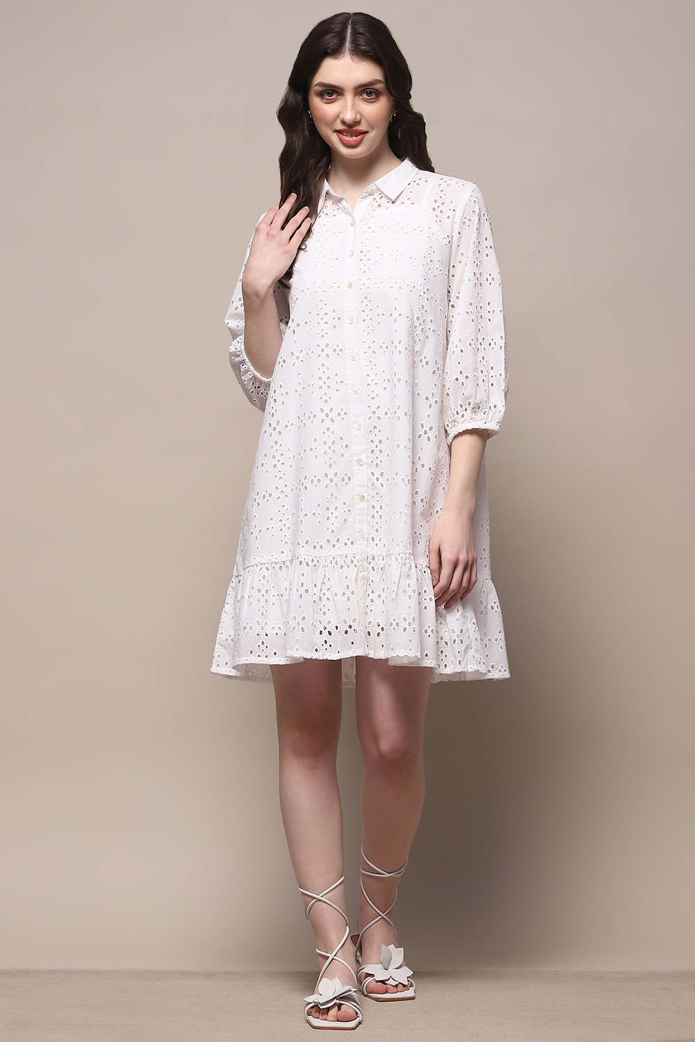 White Pure Cotton Schiffli Tiered Dress image number 5