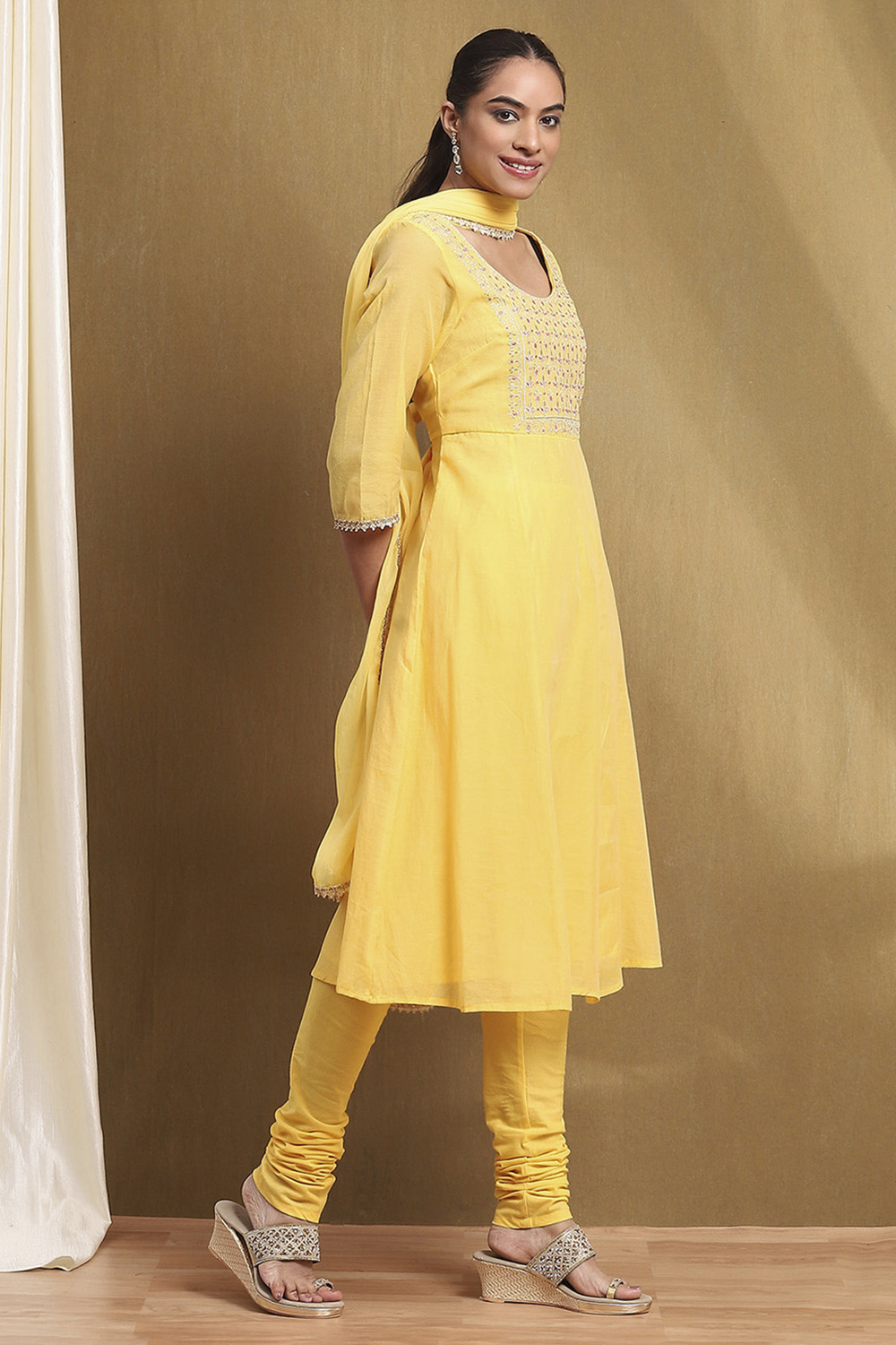 Yellow Embroidered Anarkali Suit Set image number 5