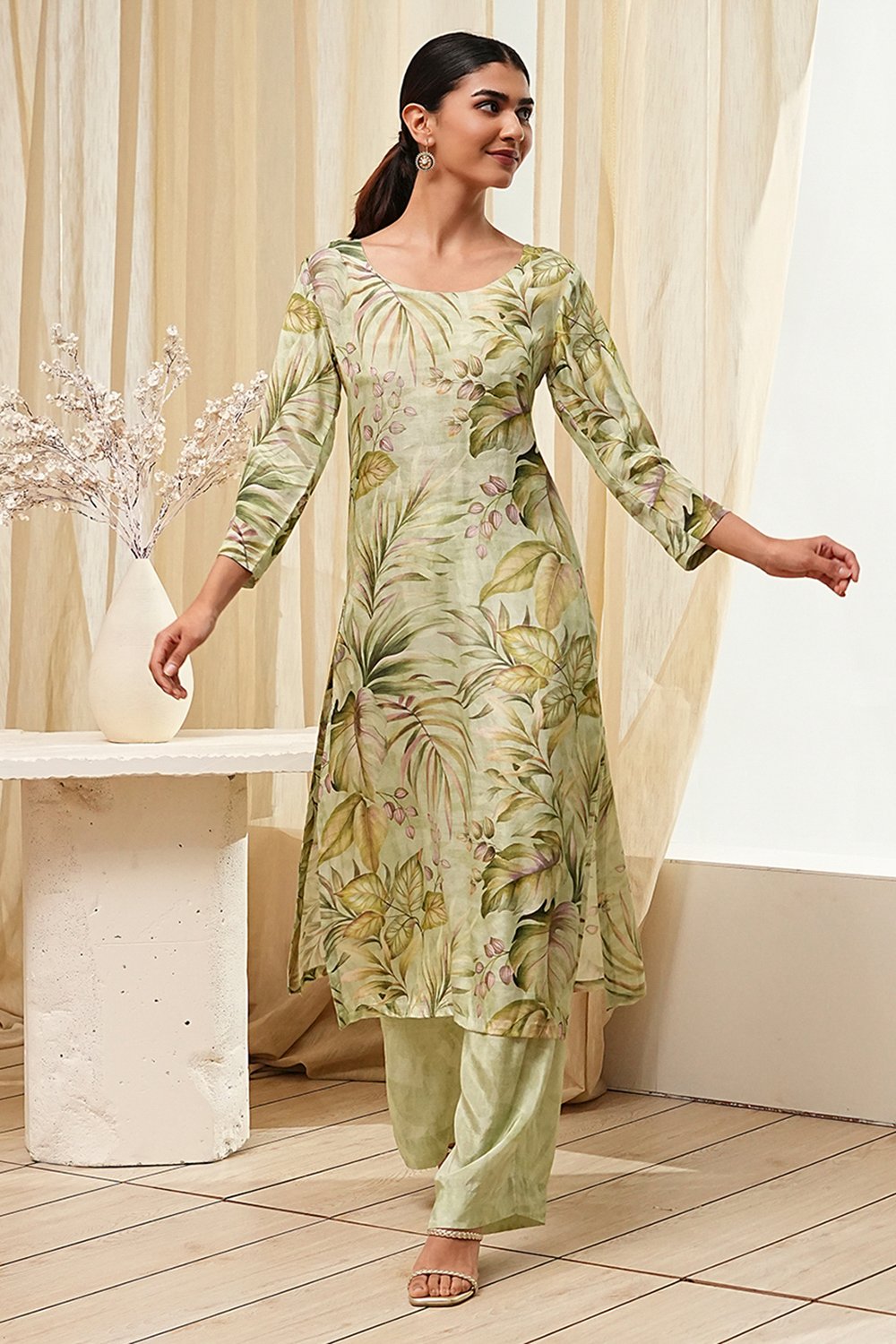 Green Modal Floral Printed Straight Kurta Set image number 8