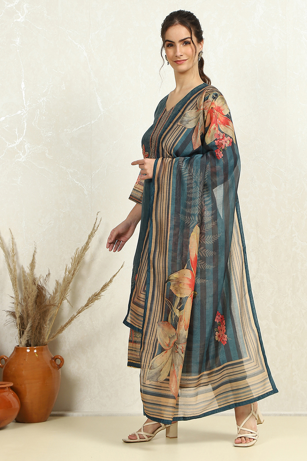 Blue Chanderi Floral Printed Unstitched Suit Set image number 2